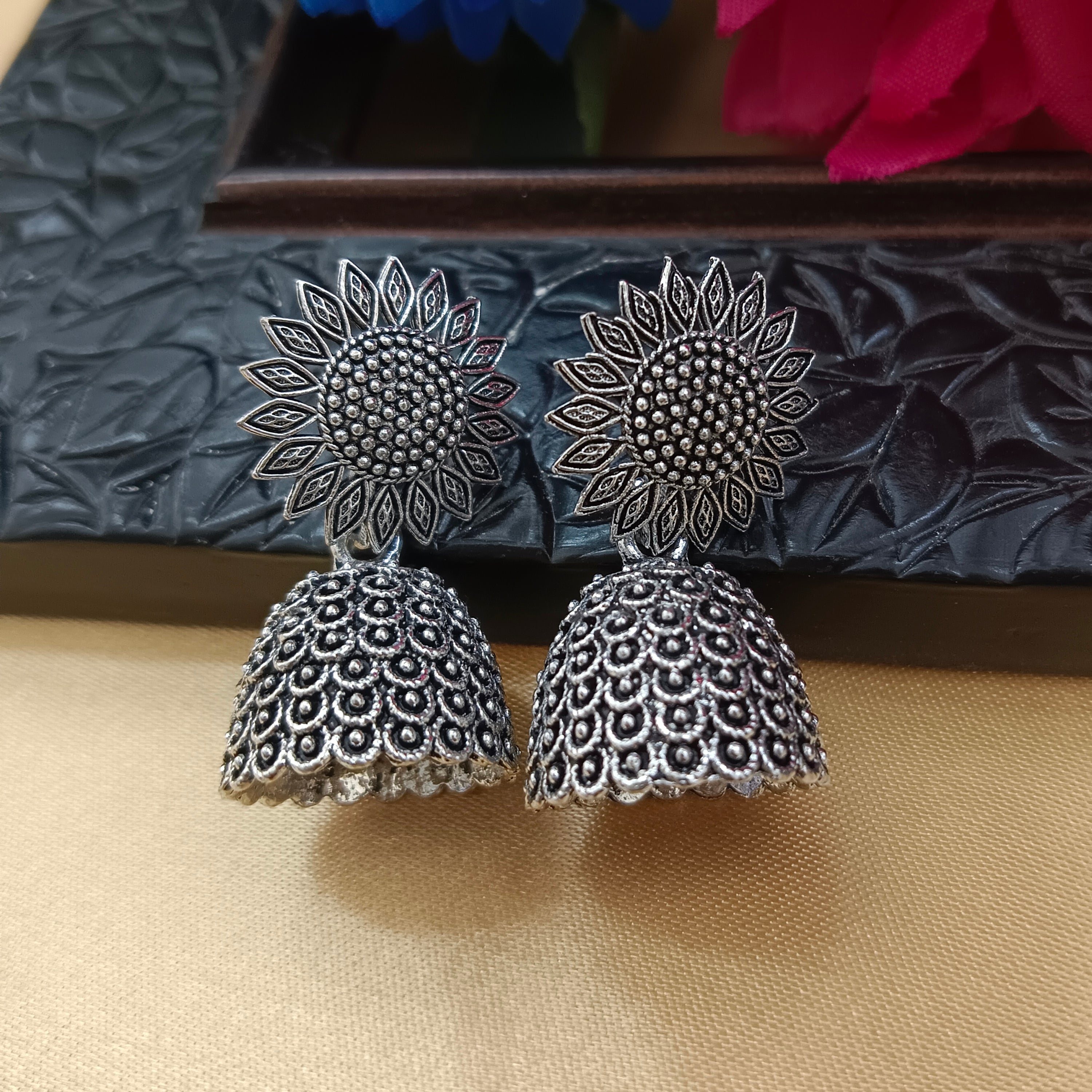 JewelMaze Oxidised Plated Floral Jhumki Earrings