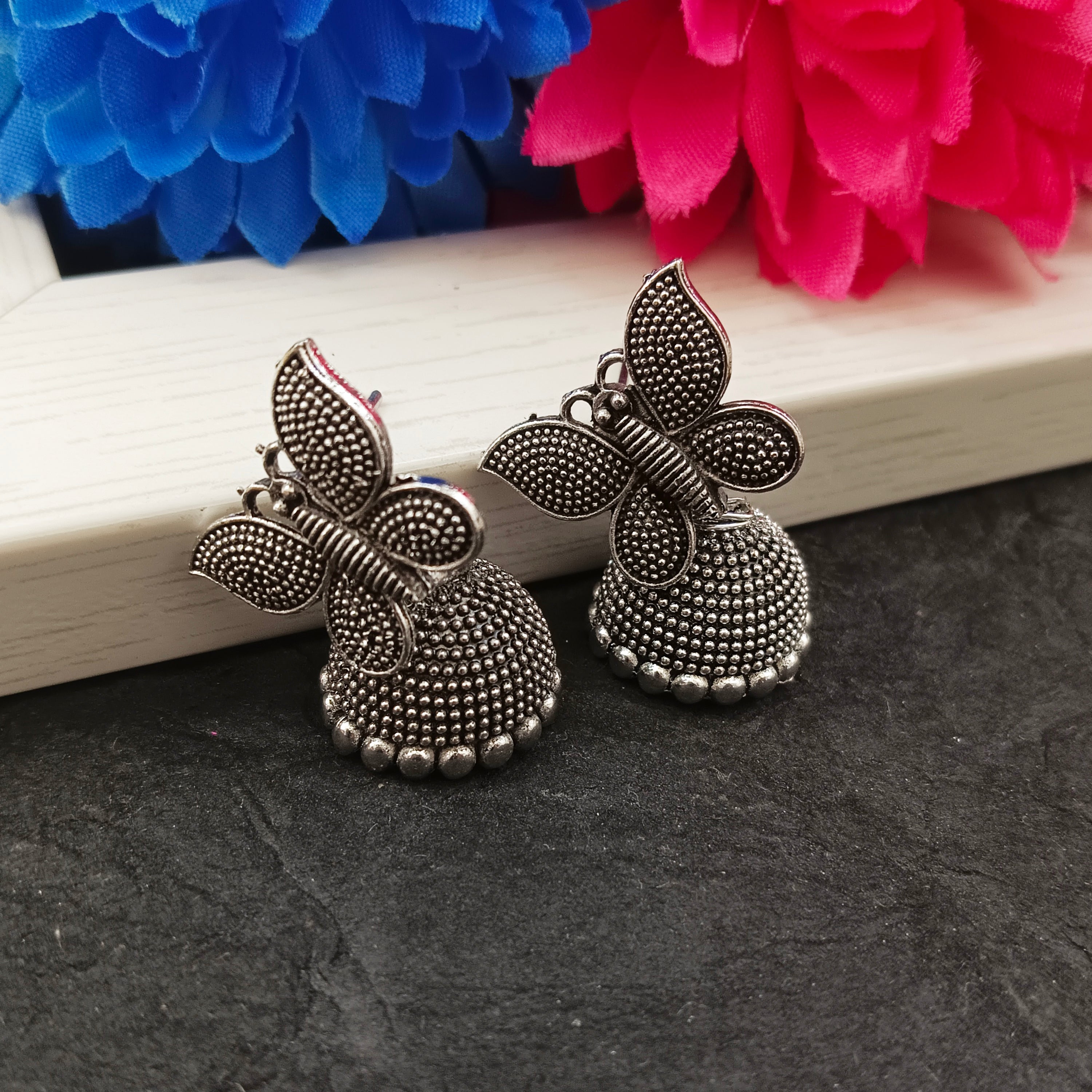 JewelMaze Oxidised Plated Butterfly Jhumki Earrings