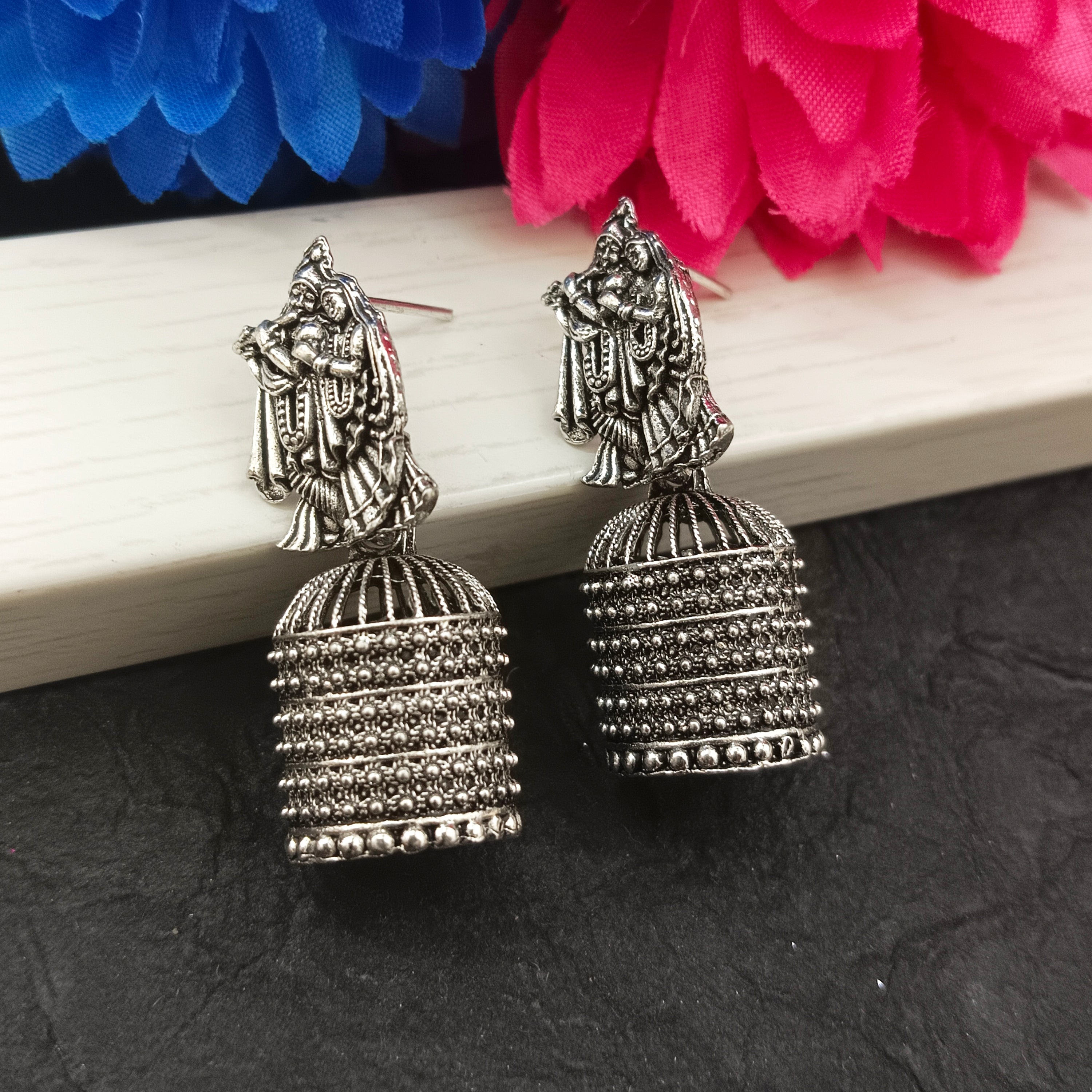 JewelMaze Oxidised Plated Lord Radha Krishna Jhumki Earrings