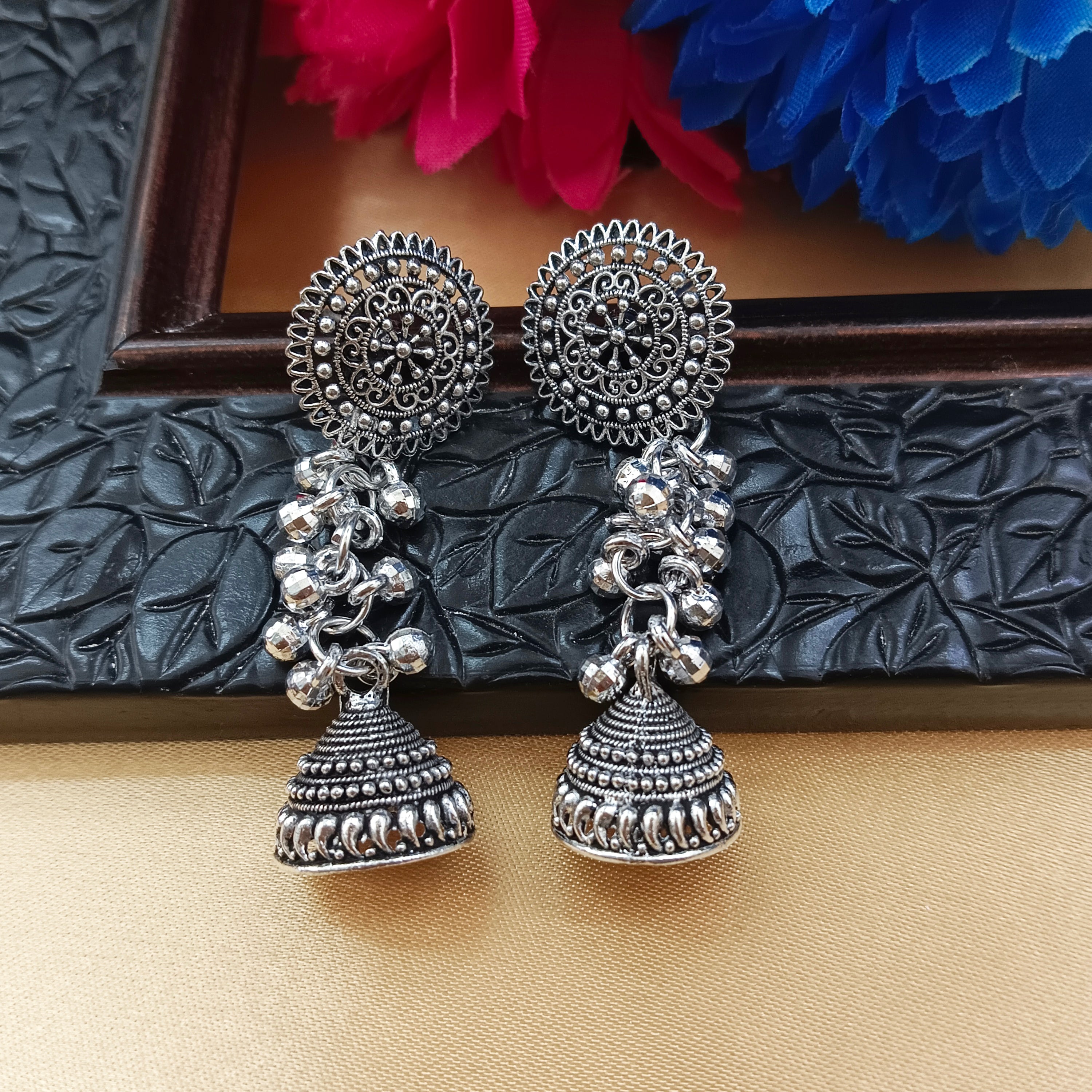 JewelMaze Oxidised Plated Ghughroo Jhumki Earrings