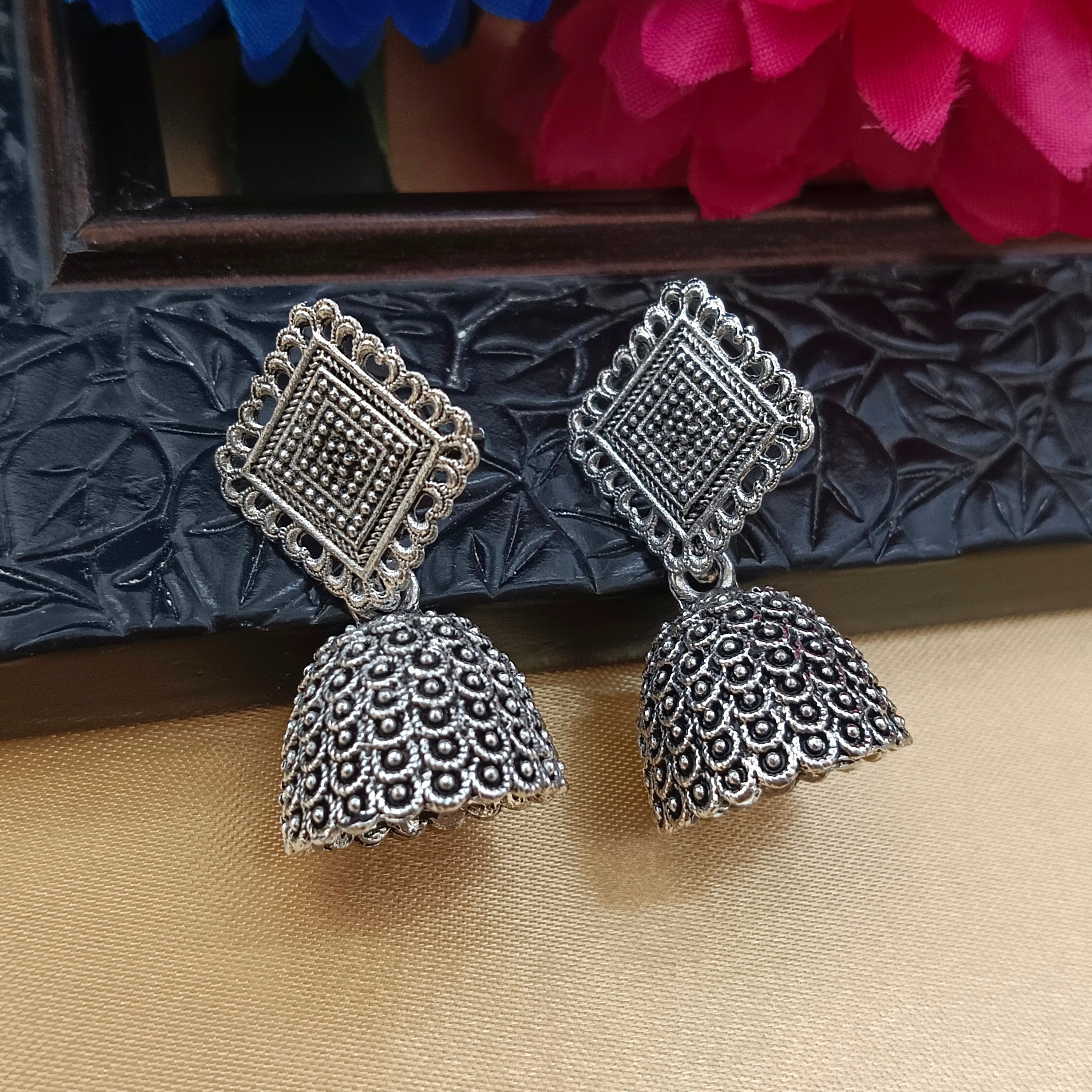 JewelMaze Oxidised Plated Kite Shape Jhumki Earrings