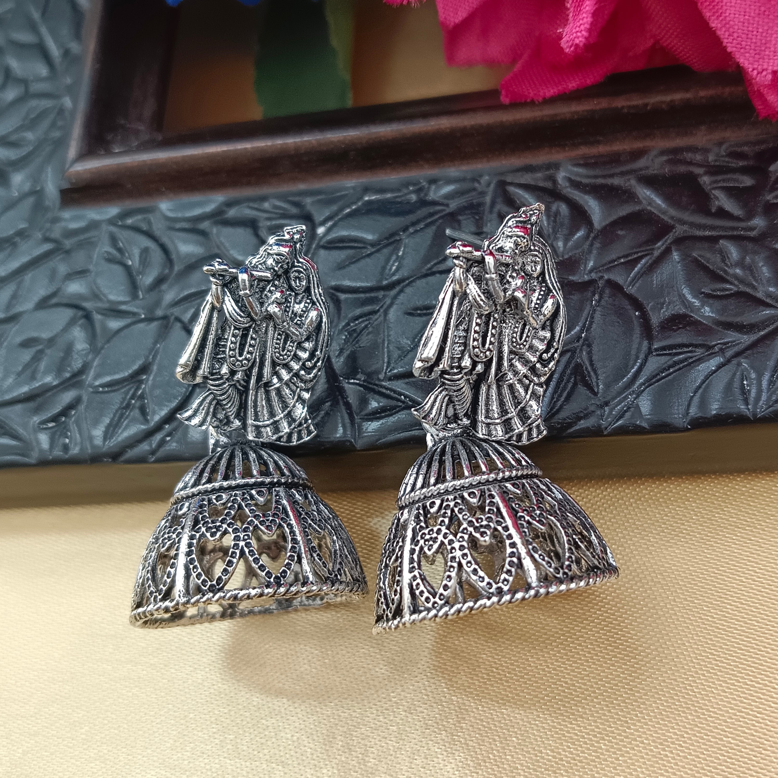 JewelMaze Oxidised Plated Lord Radha Krishna Jhumki Earrings