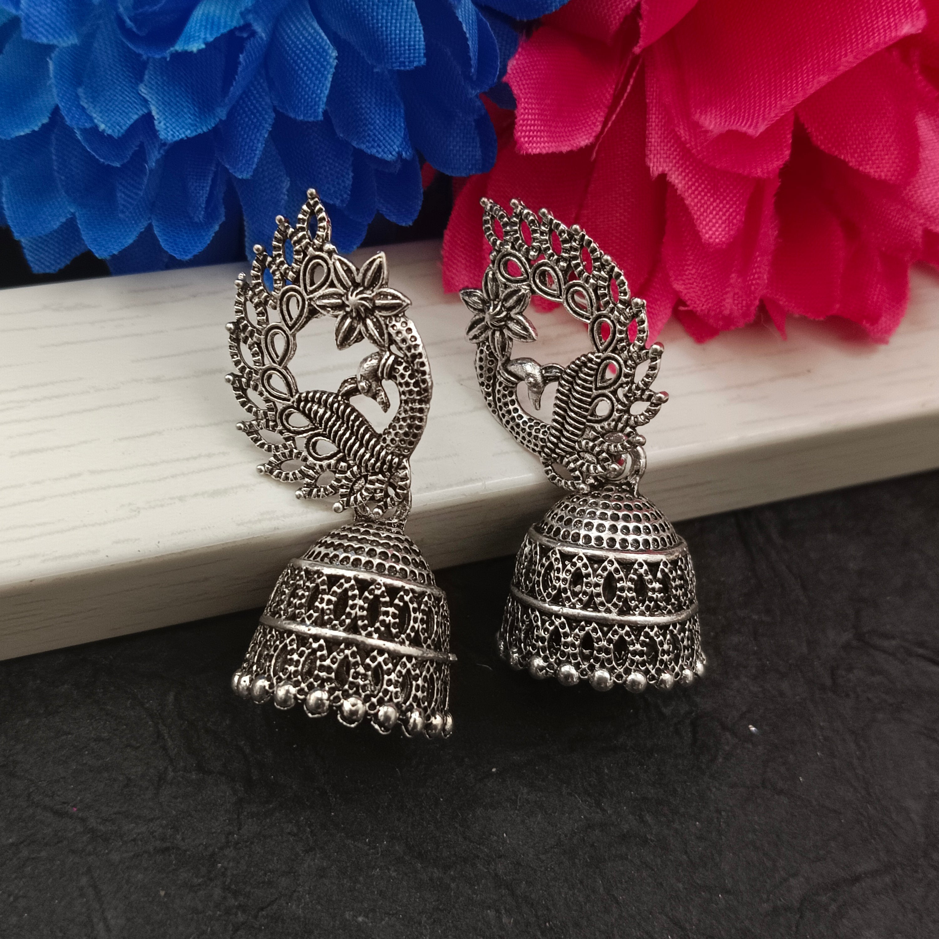 JewelMaze Oxidised Plated Peacock Jhumki Earrings