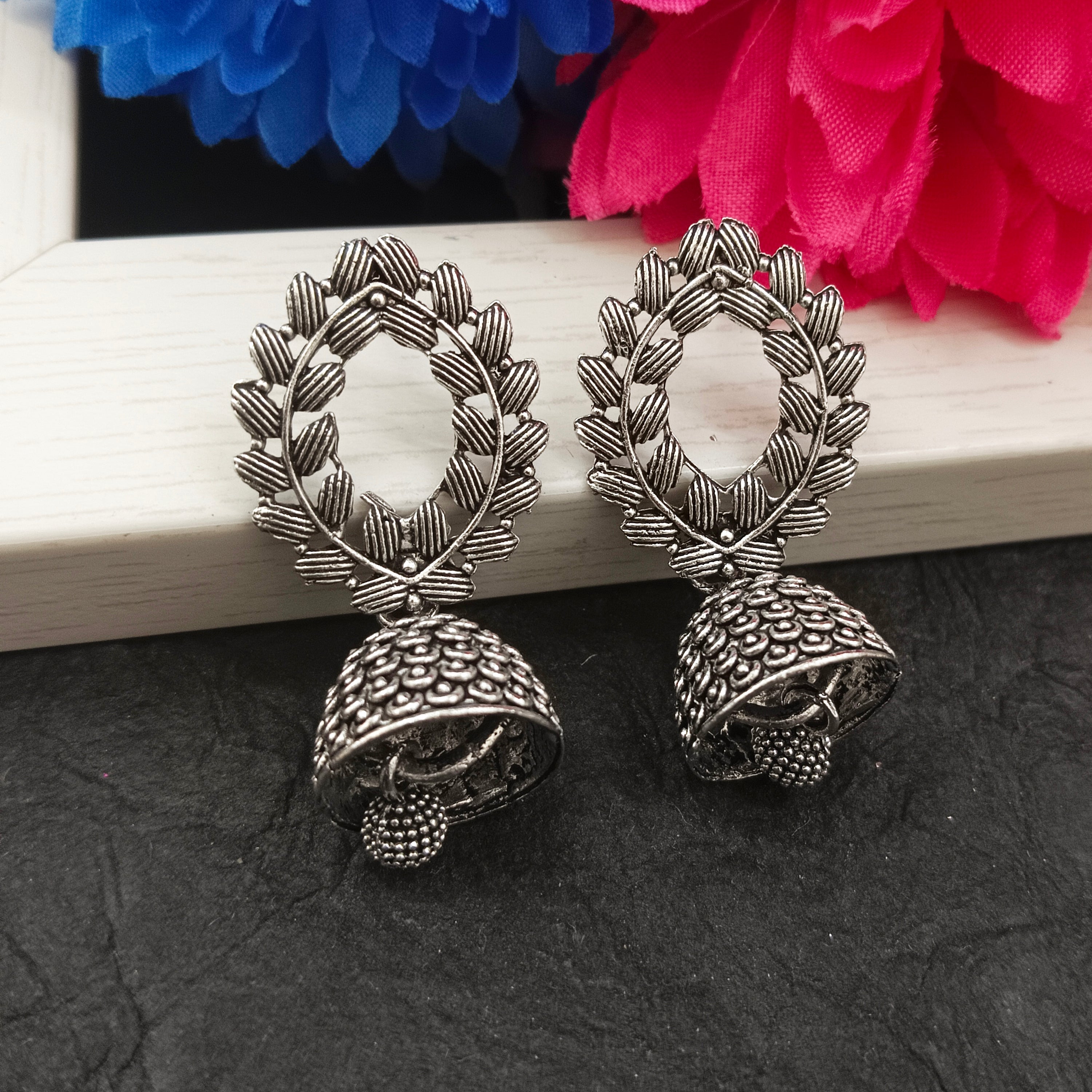 JewelMaze Oxidised Plated Floral Jhumki Earrings