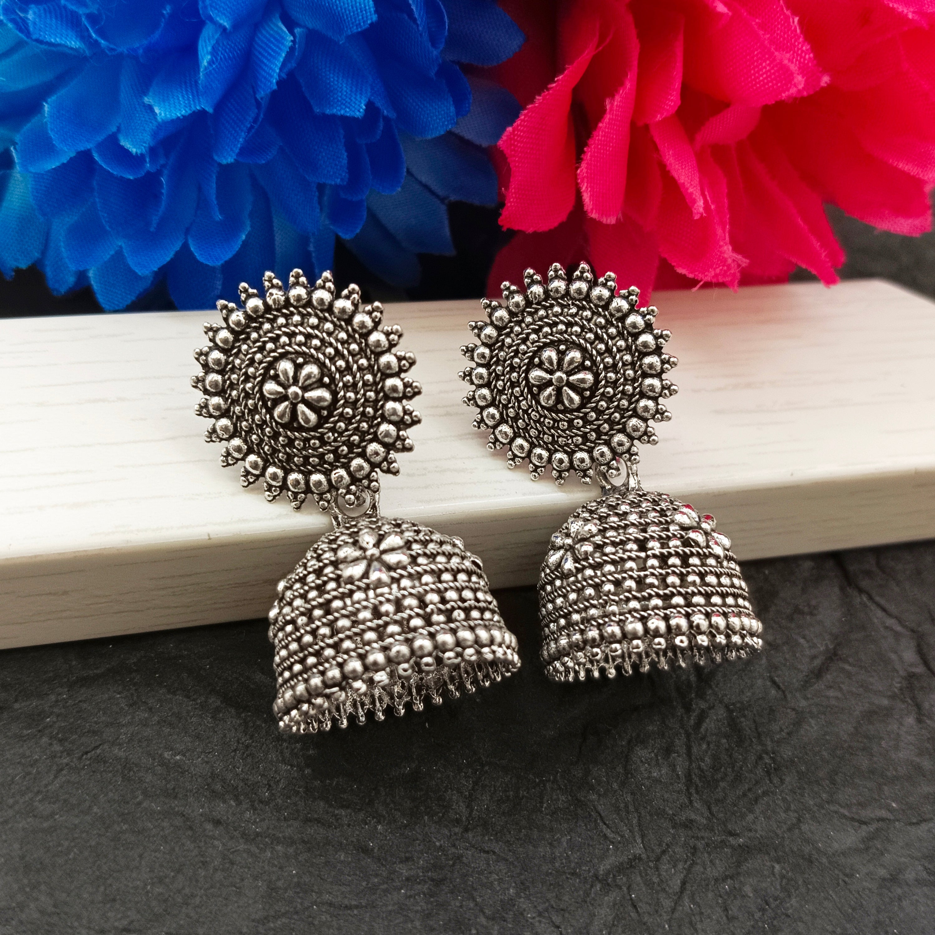 JewelMaze Oxidised Plated Floral Jhumki Earrings