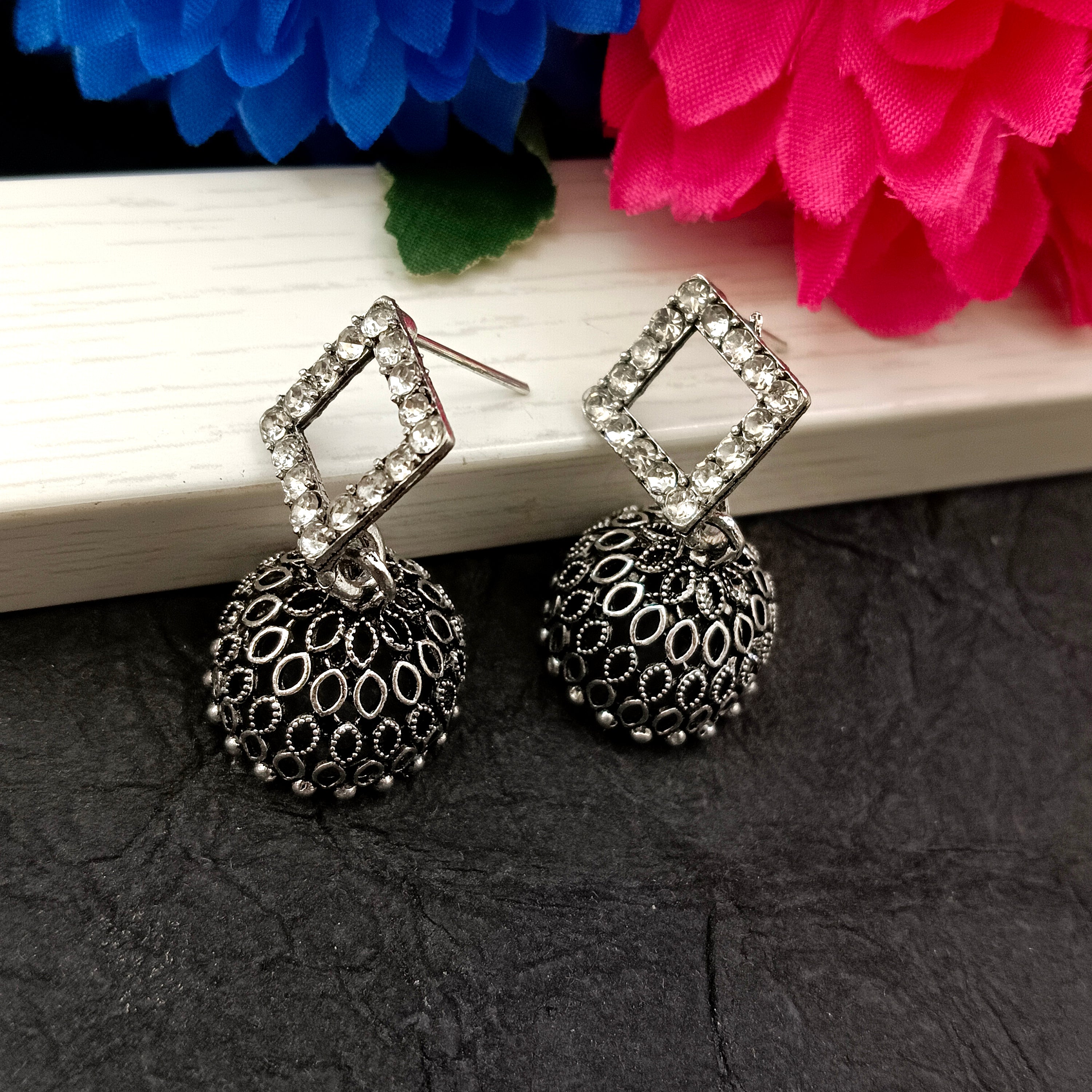 JewelMaze Oxidised Plated Square Austrian Stone Jhumki Earrings