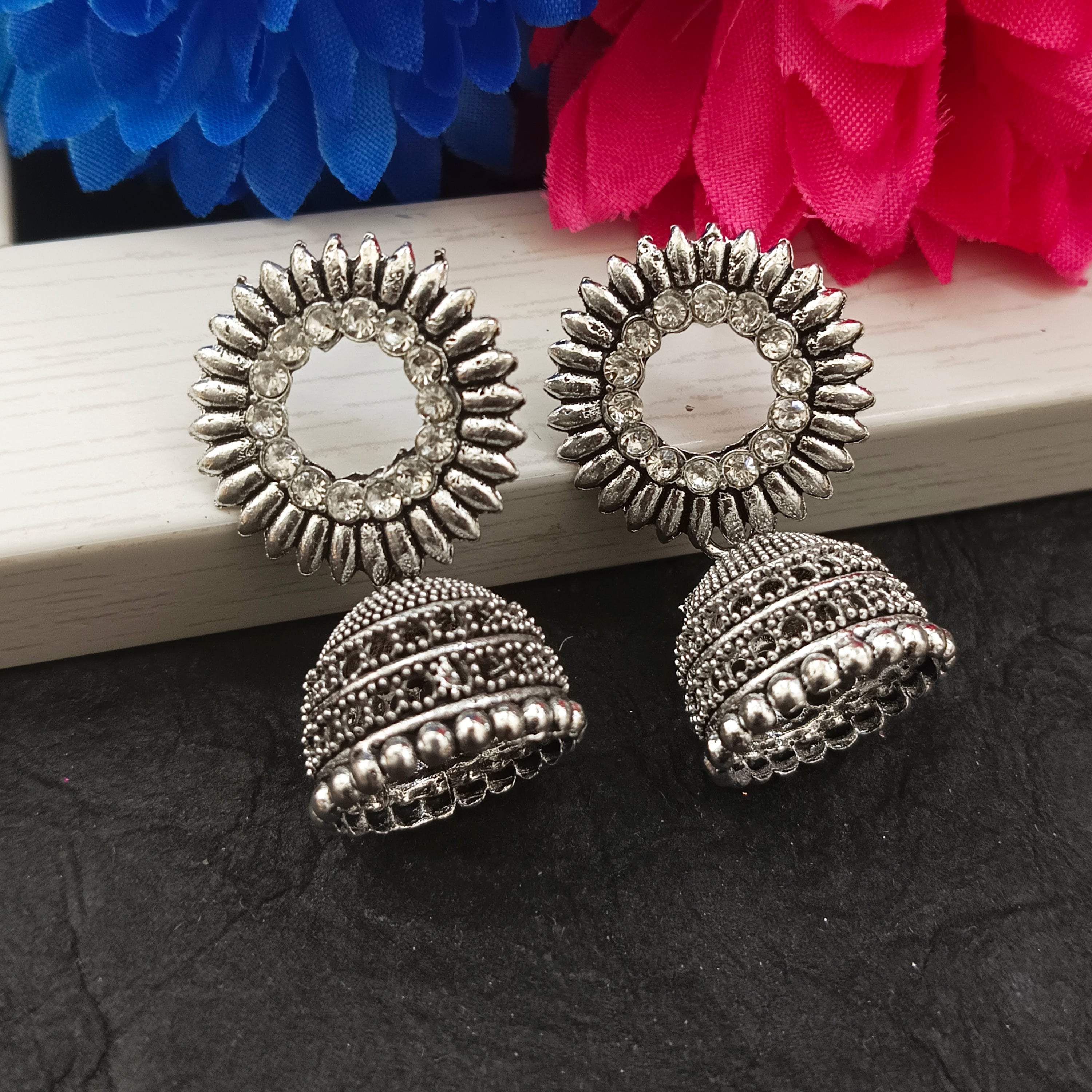 JewelMaze Oxidised Plated Round Shape Jhumki Earrings