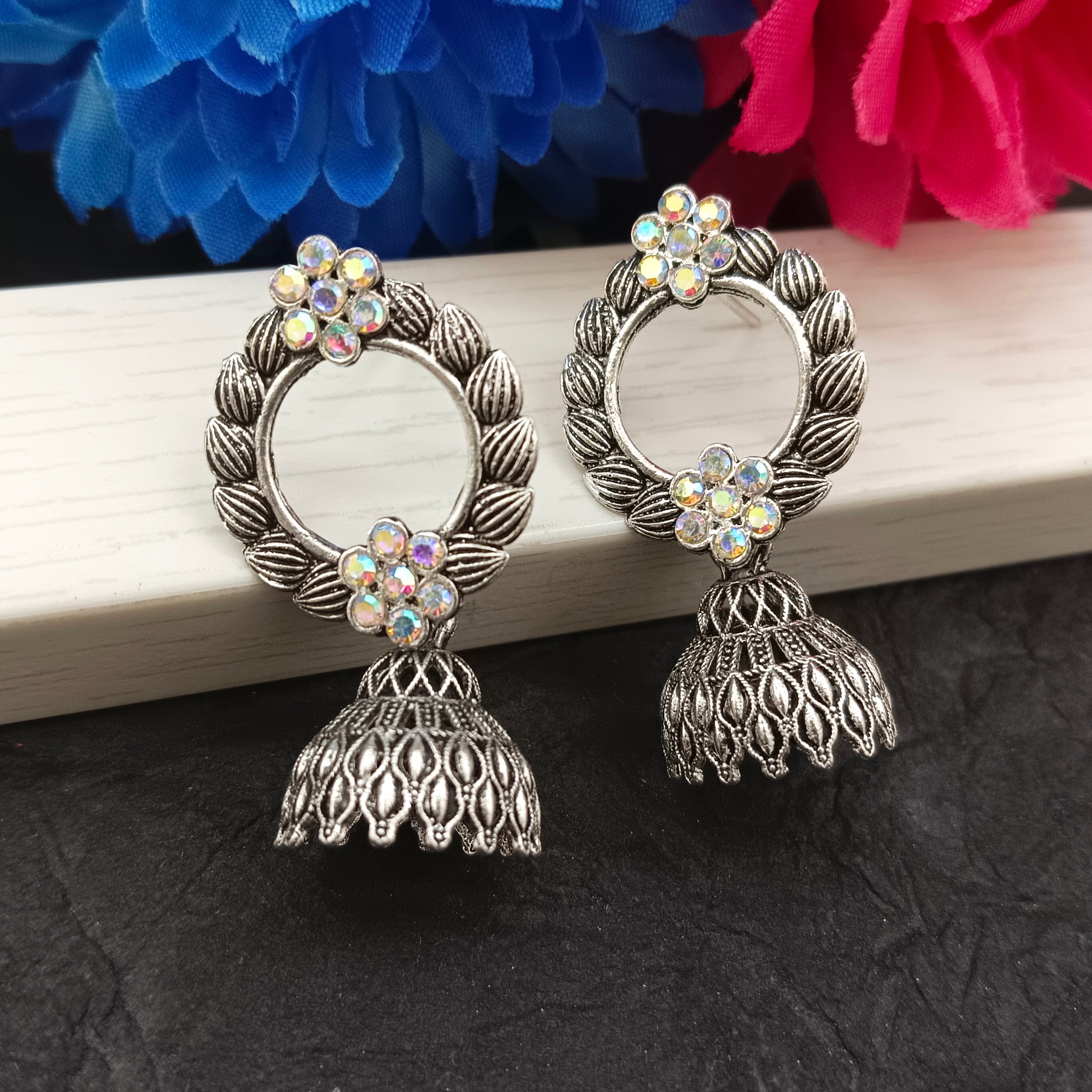 JewelMaze Oxidised Plated Round Shape Jhumki Earrings