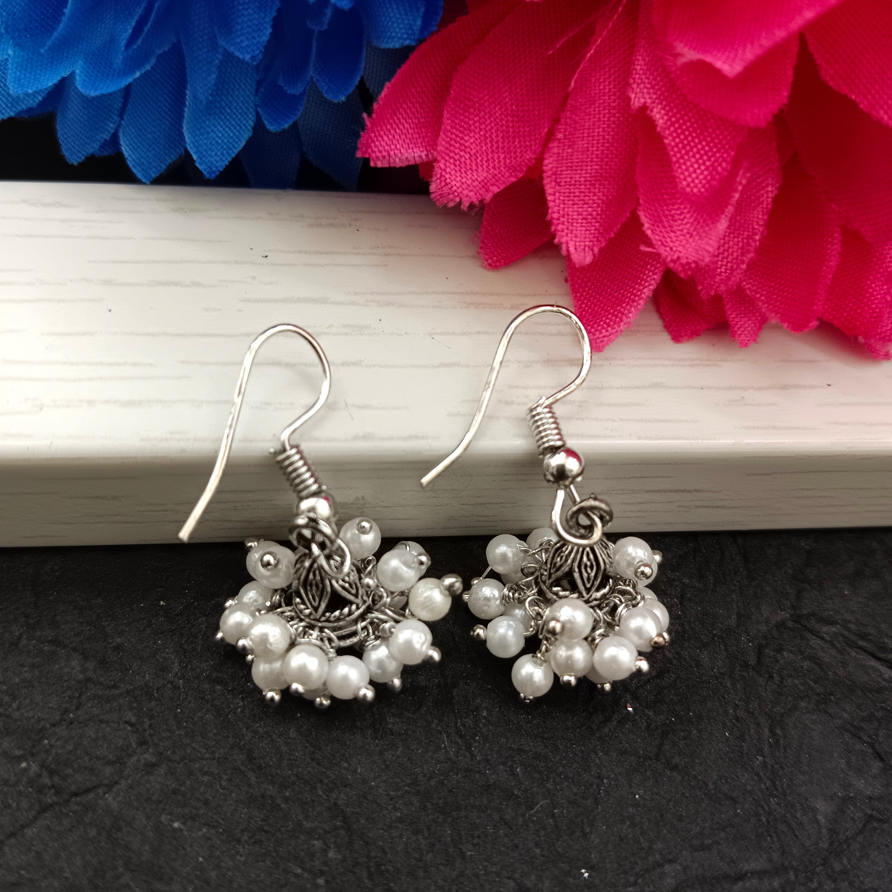 JewelMaze Oxidised Plated White Pearl Small Jhumki Earrings
