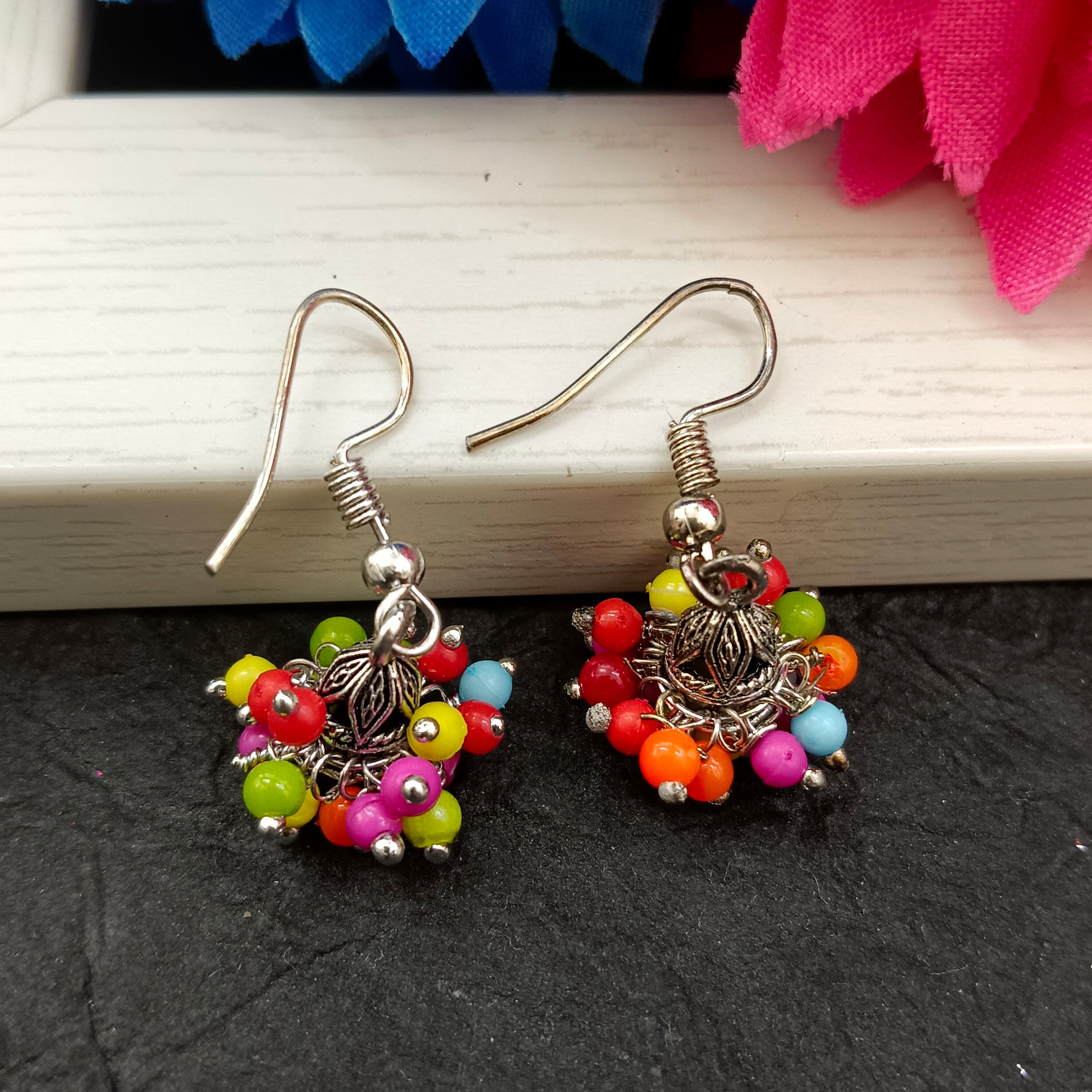 JewelMaze Oxidised Plated Multi Color Small Jhumki Earrings
