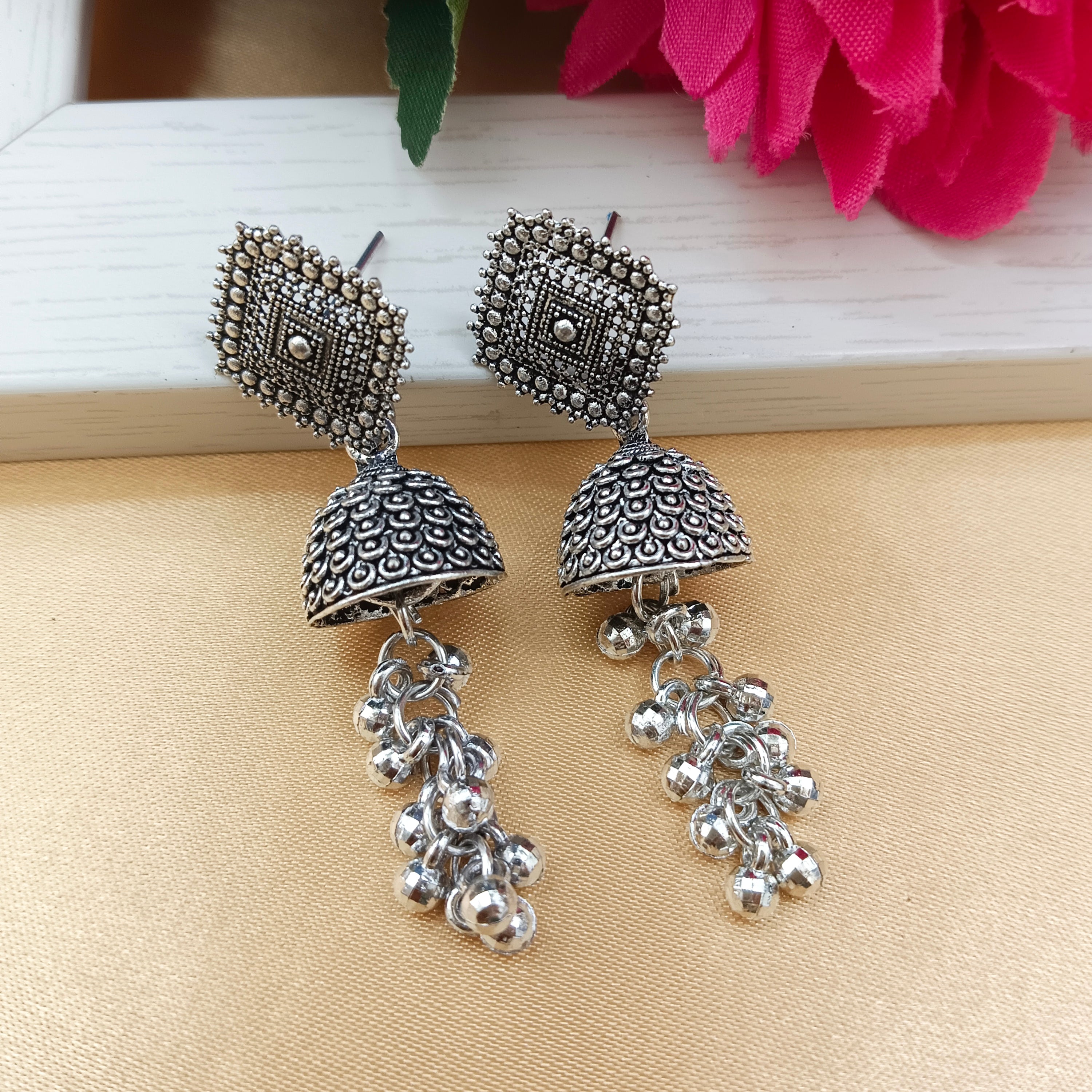 JewelMaze Oxidised Plated Square Shape Ghungroo Latkan Jhumki Earrings