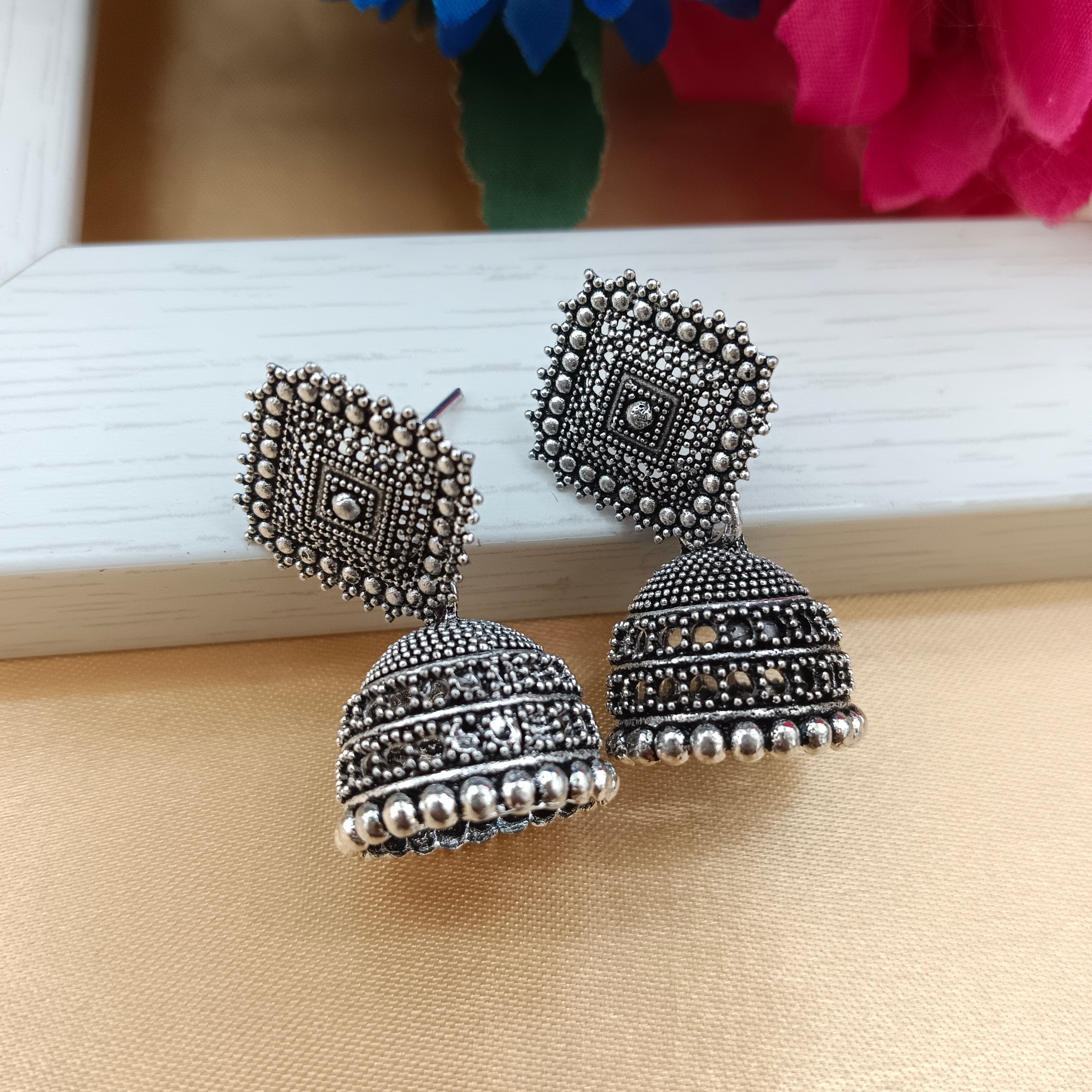 JewelMaze Oxidised Plated Square Shape Jhumki Earrings