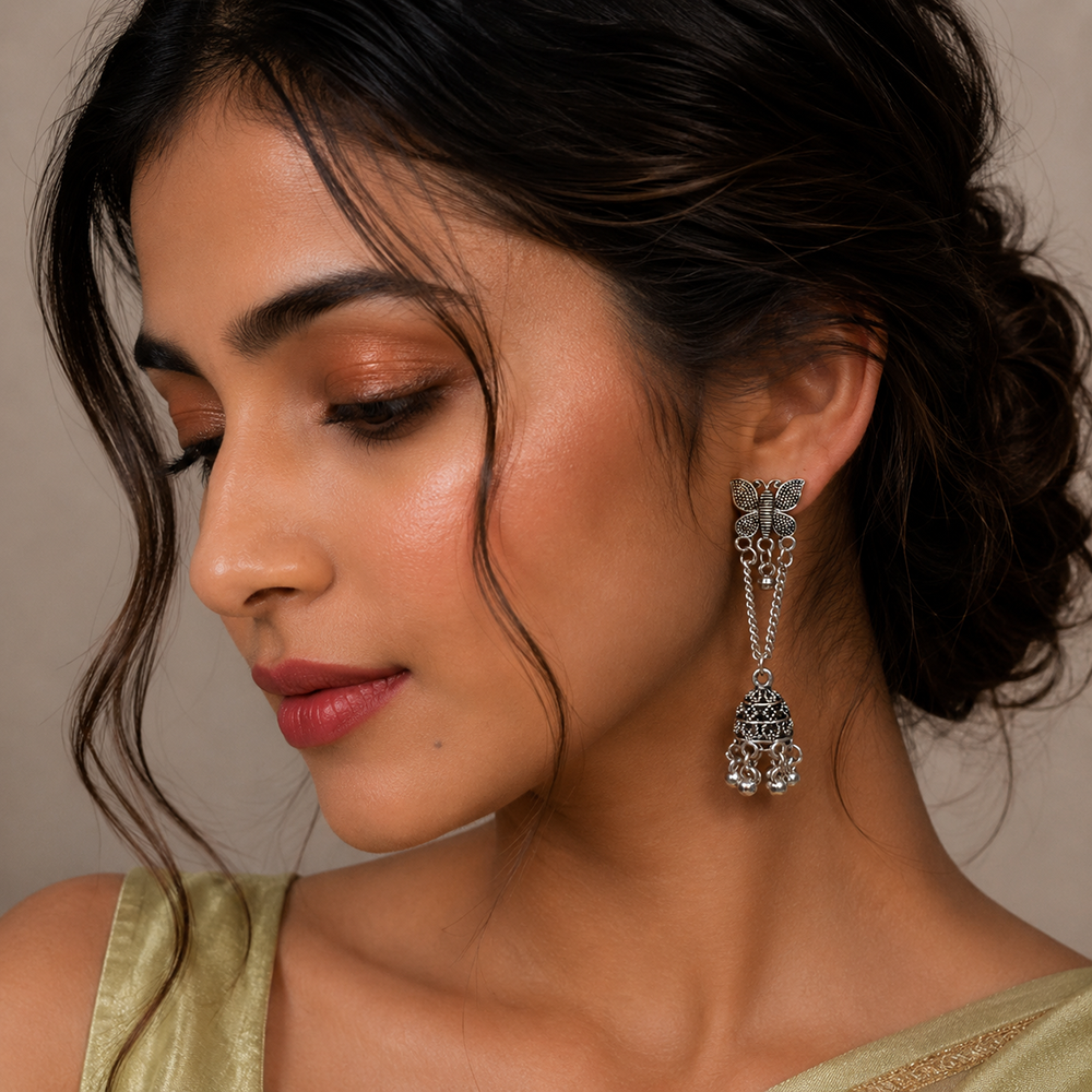 JewelMaze Oxidised Plated Pearl Butterfly Jhumki Earrings