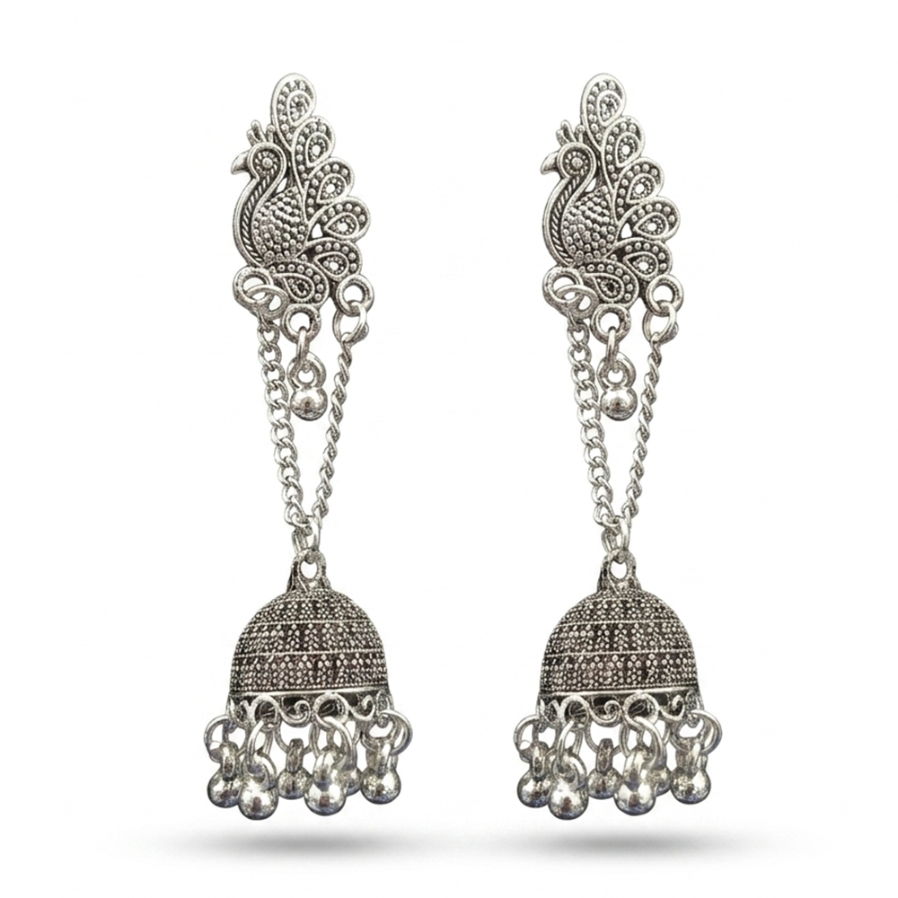 JewelMaze Oxidised Plated Pearl Peacock Jhumki Earrings