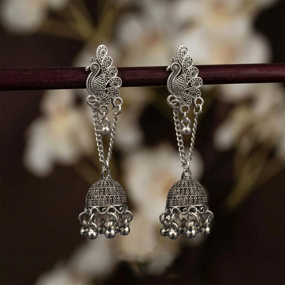 JewelMaze Oxidised Plated Pearl Peacock Jhumki Earrings
