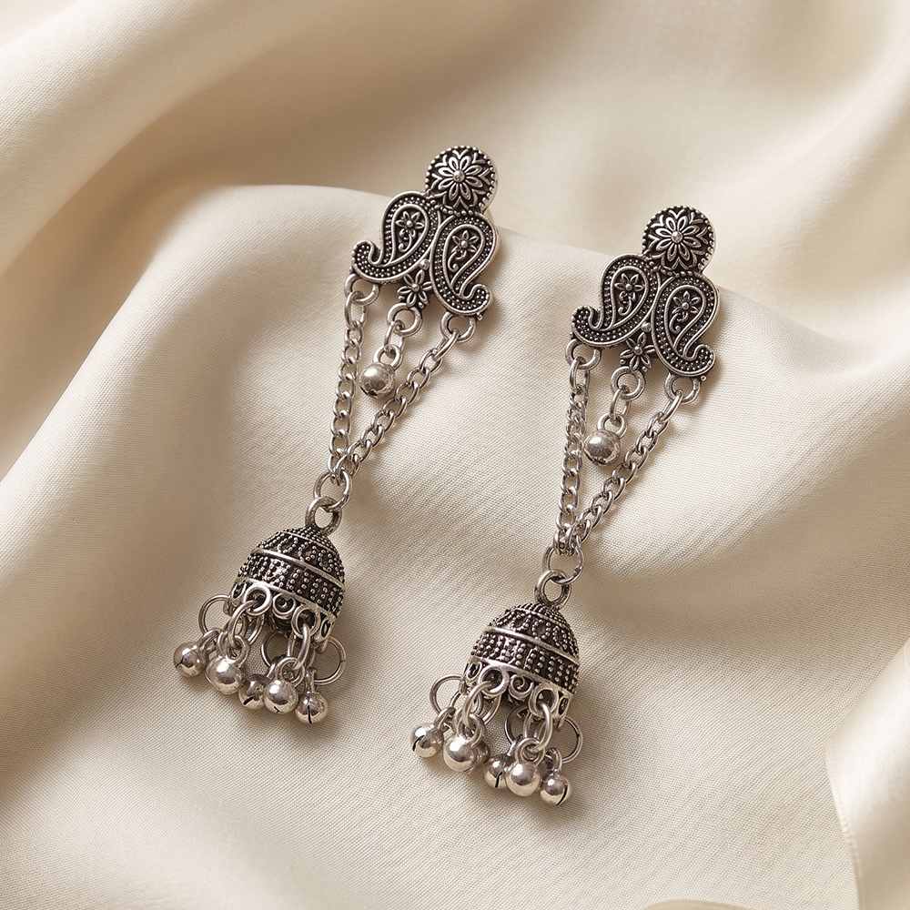 JewelMaze Oxidised Plated Ghungroo Jhumki Earrings