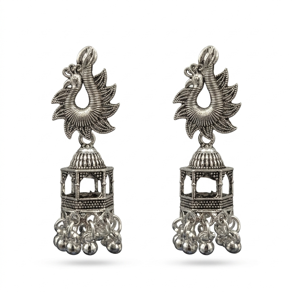 JewelMaze Oxidised Plated Pearl Peacock Jhumki Earrings
