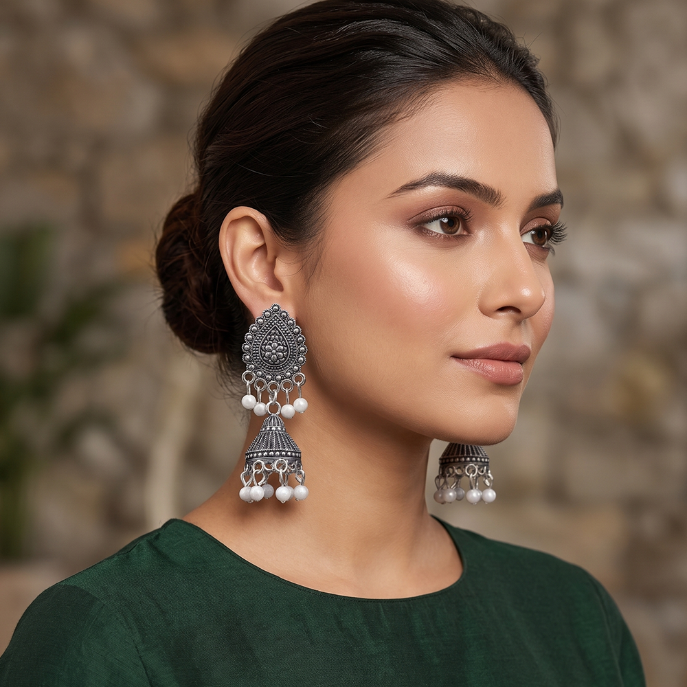JewelMaze Oxidised Plated Pearl Jhumki Earrings
