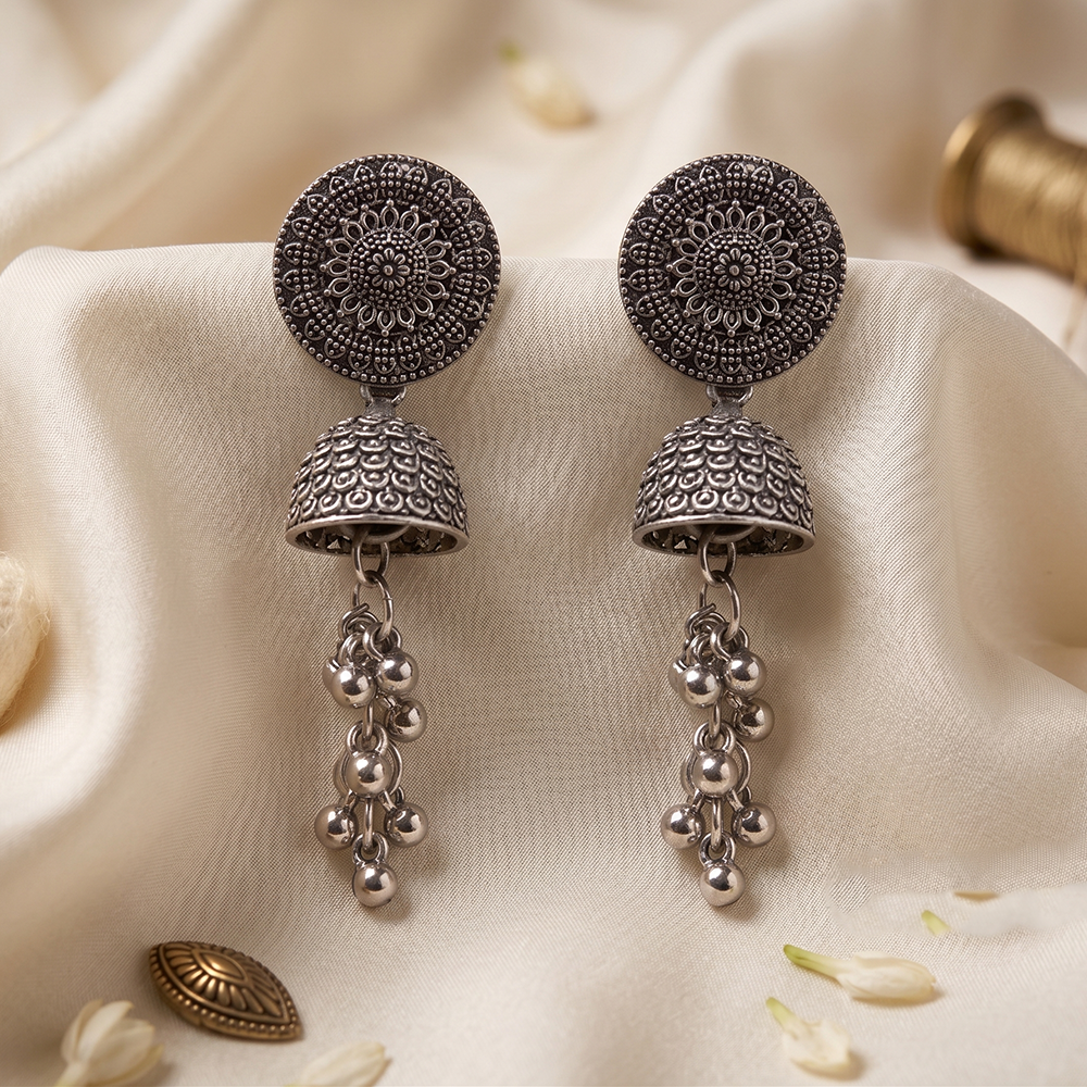 JewelMaze Oxidised Plated Pearl Jhumki Earrings