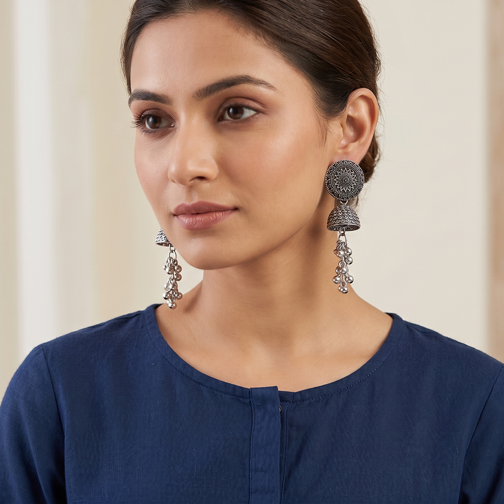 JewelMaze Oxidised Plated Pearl Jhumki Earrings