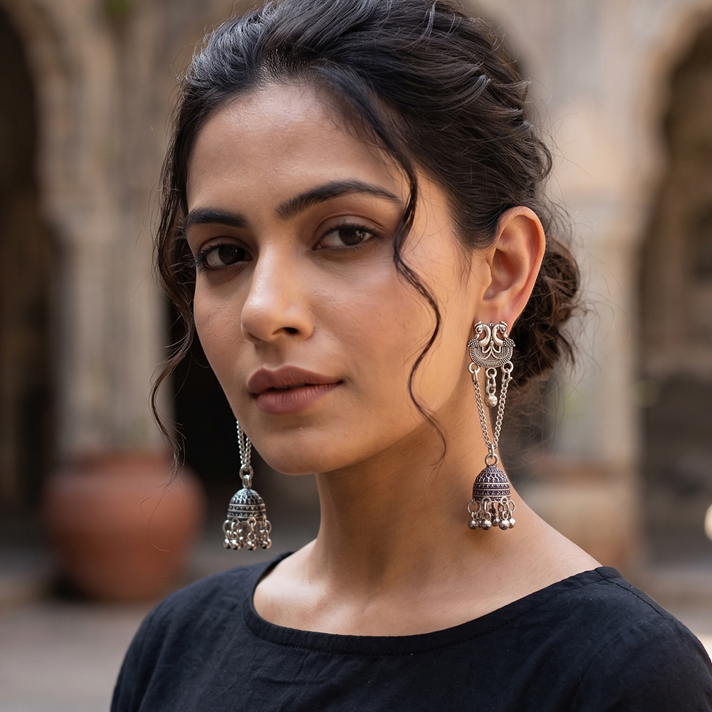 JewelMaze Oxidised Plated Pearl Jhumki Earrings