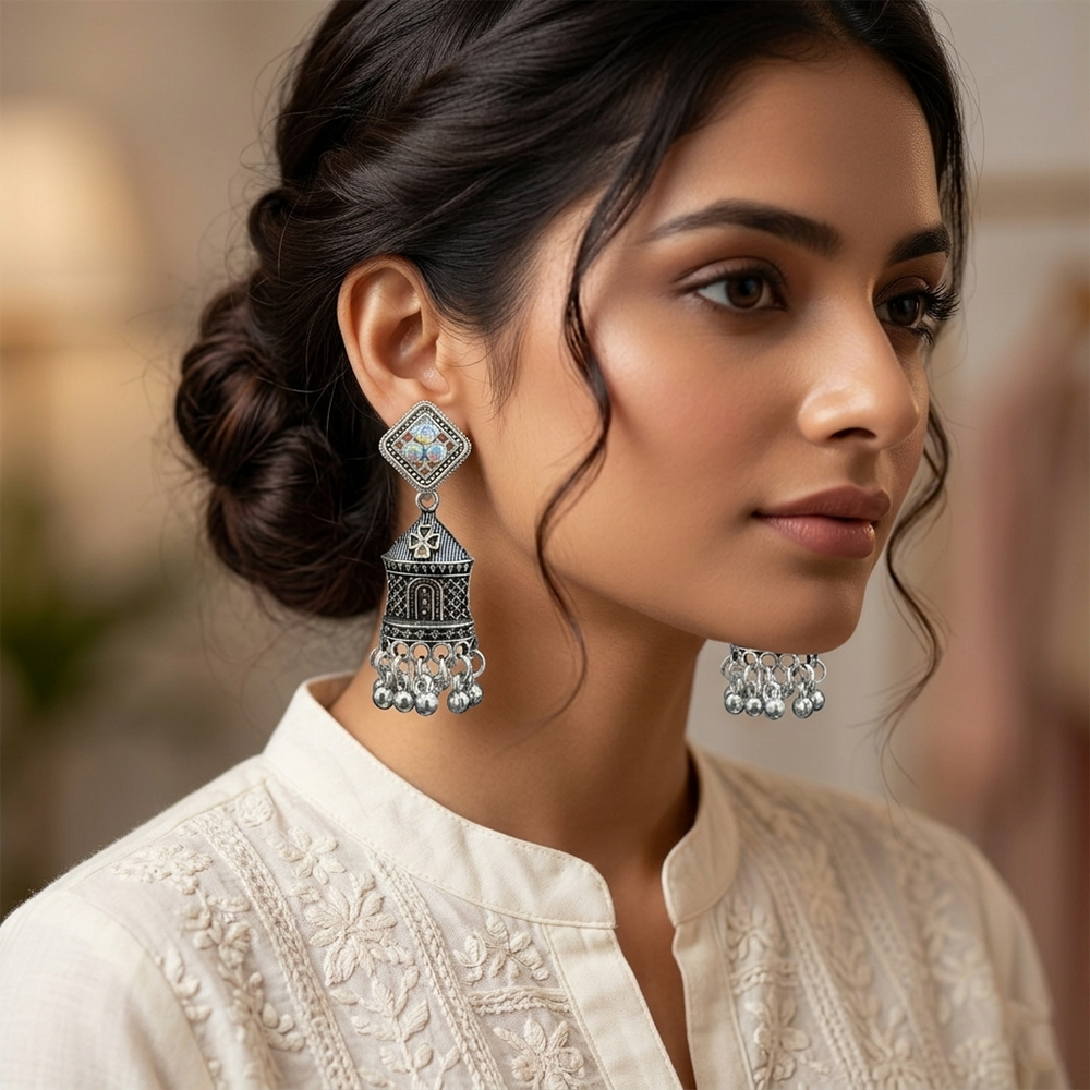 JewelMaze Oxidised Plated Austrian Stone & Pearl Jhumki Earrings