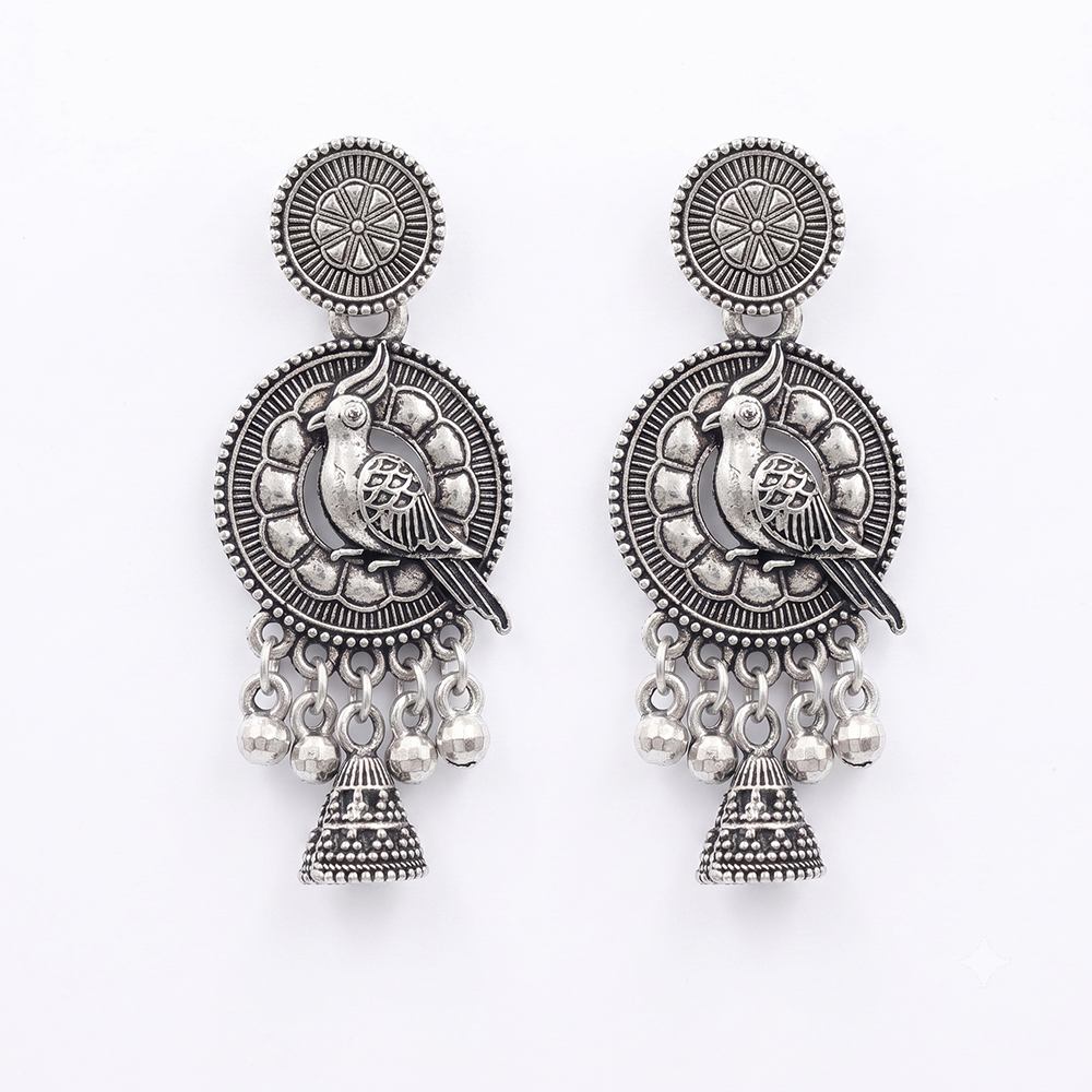 JewelMaze Oxidised Plated Pearl Bird Jhumki Earrings