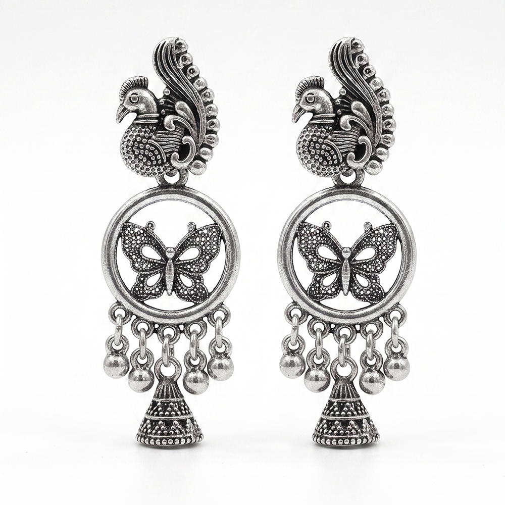 JewelMaze Oxidised Plated Pearl Butterfly & Peacock Design Jhumki Earrings
