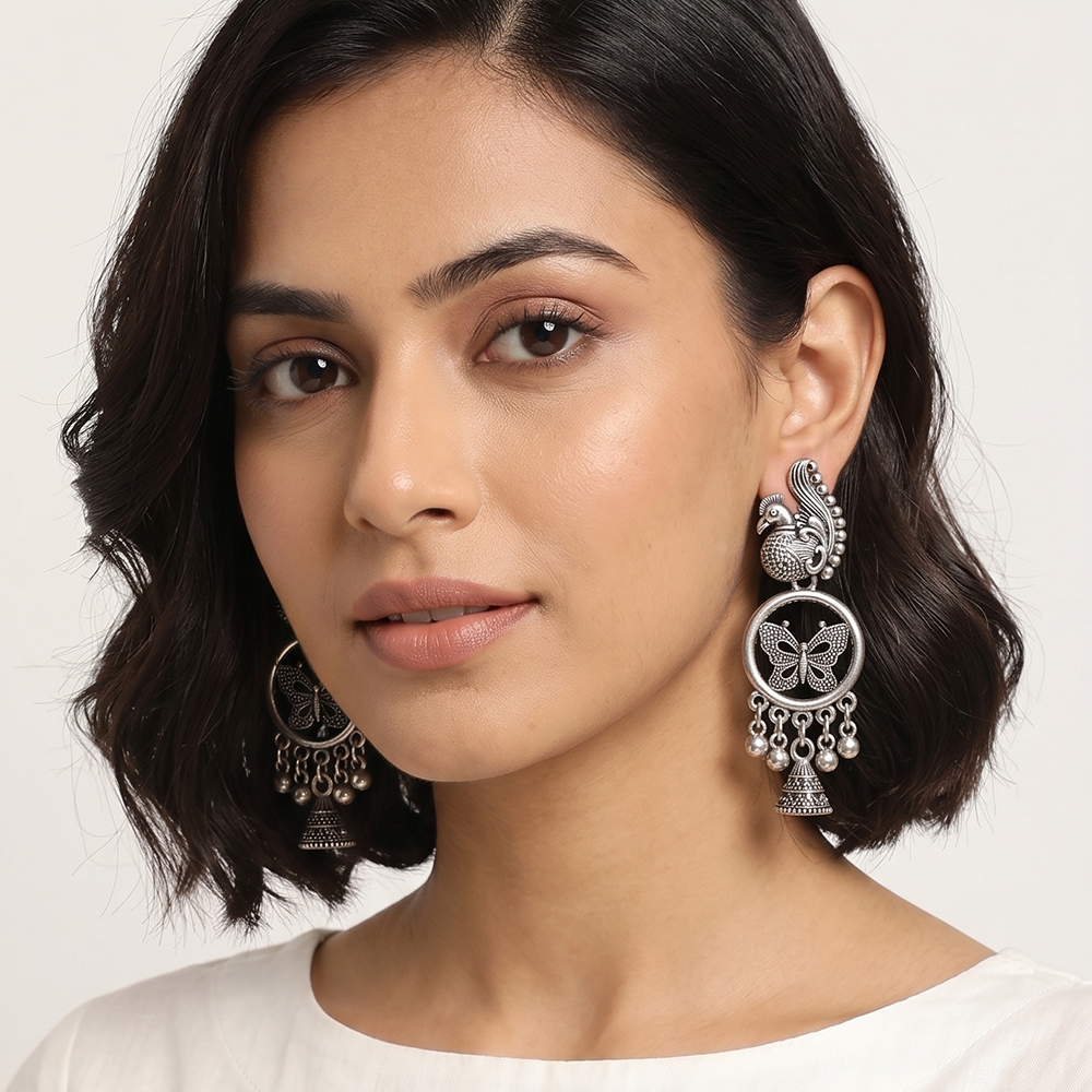 JewelMaze Oxidised Plated Pearl Butterfly & Peacock Design Jhumki Earrings