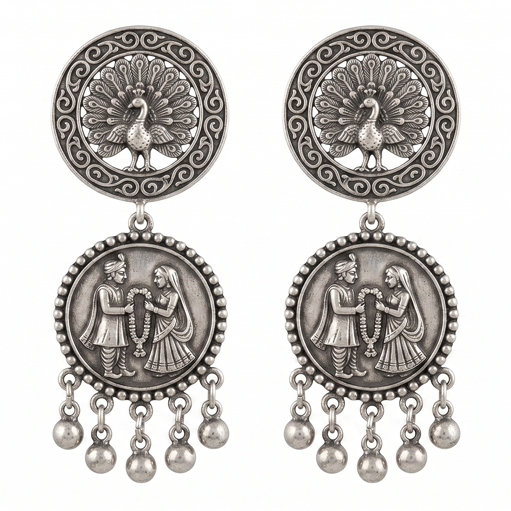 JewelMaze Oxidised Plated Pearl Peacock Jhumki Earrings