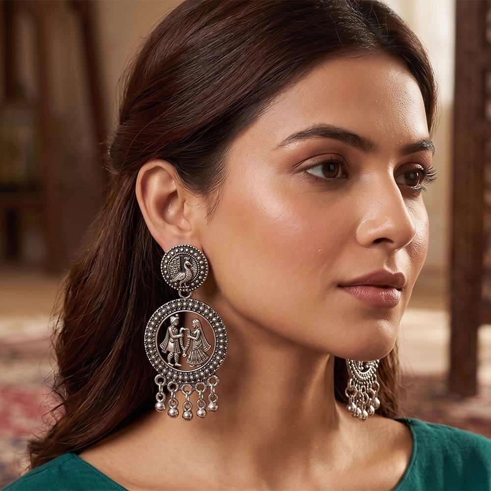 JewelMaze Oxidised Plated Pearl Peacock Jhumki Earrings