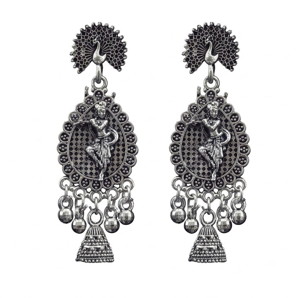JewelMaze Oxidised Plated Peackock & Tempel Pearl Jhumki Earrings