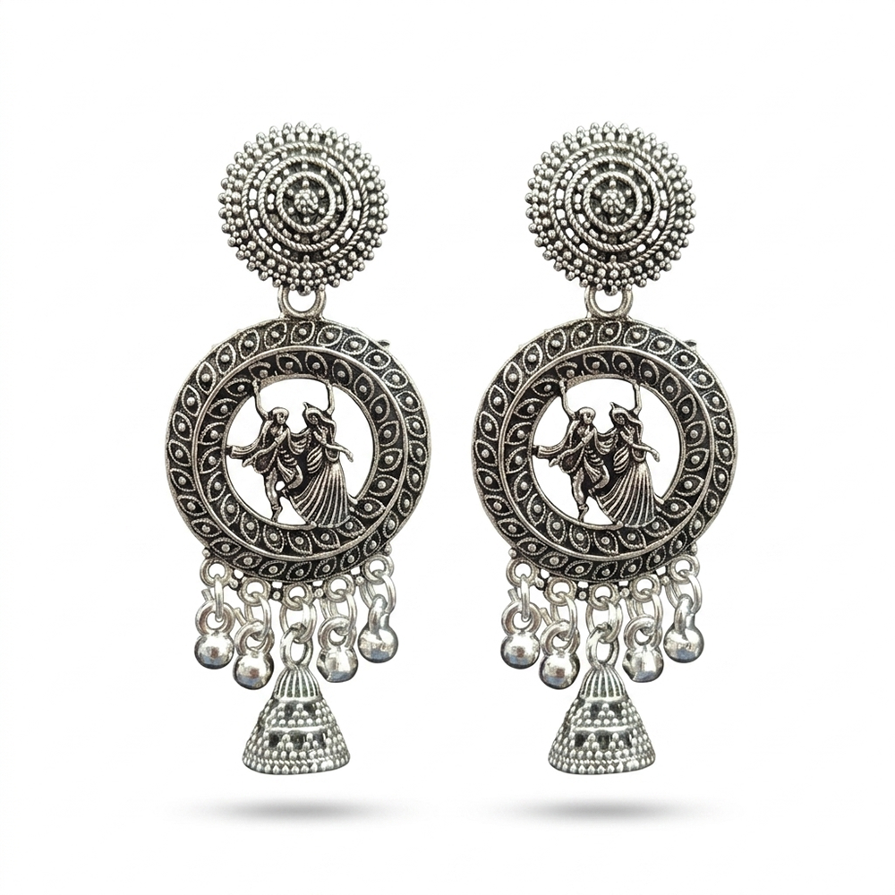 JewelMaze Oxidised Plated Pearl Peacock Jhumki Earrings