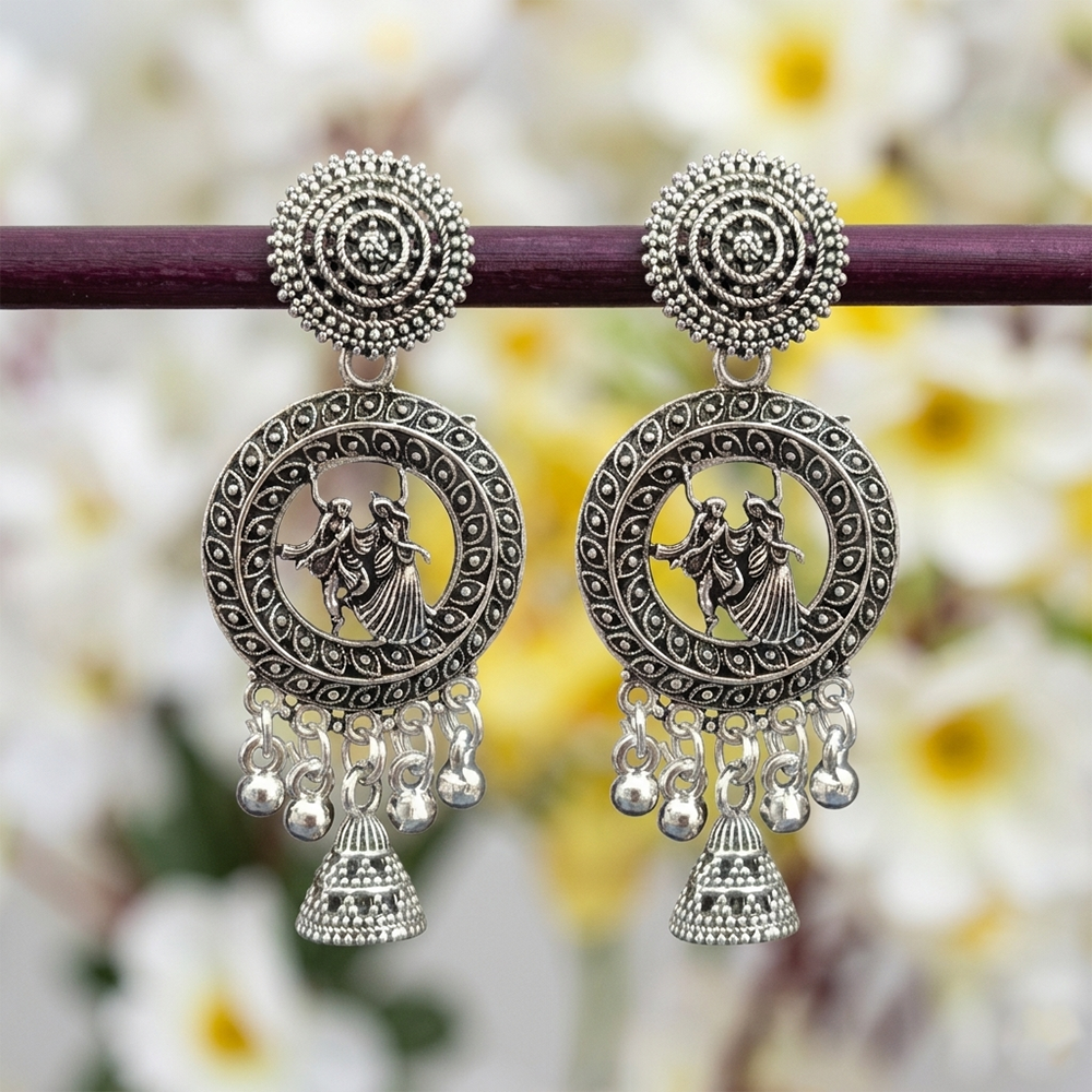 JewelMaze Oxidised Plated Pearl Peacock Jhumki Earrings
