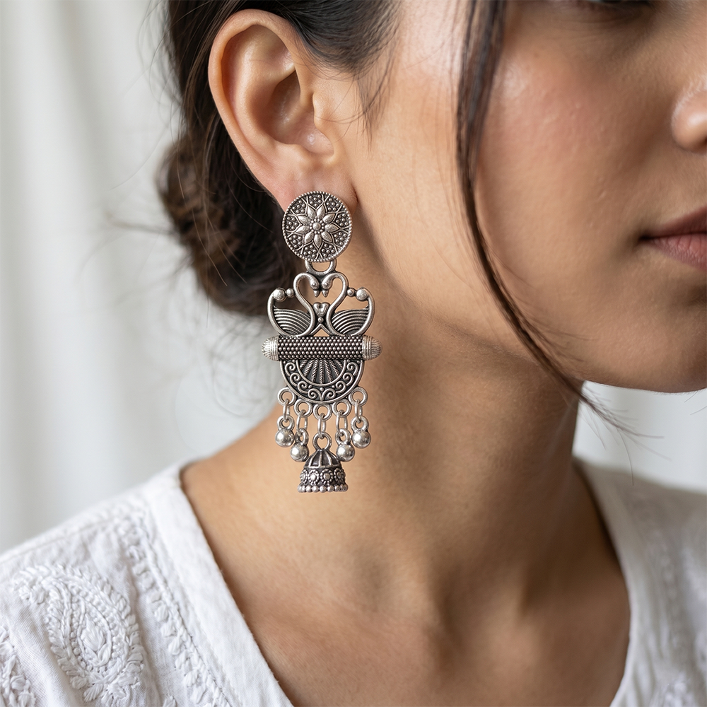 JewelMaze Oxidised Plated Pearl Jhumki Earrings