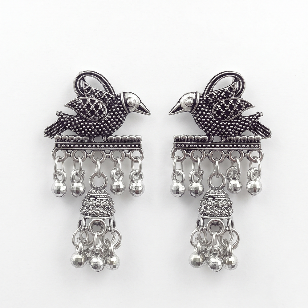 JewelMaze Oxidised Plated Pearl Bird Jhumki Earrings
