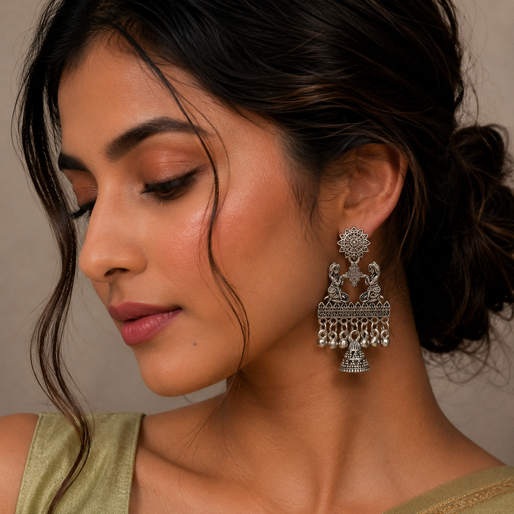 JewelMaze Oxidised Plated Pearl Jhumki Earrings