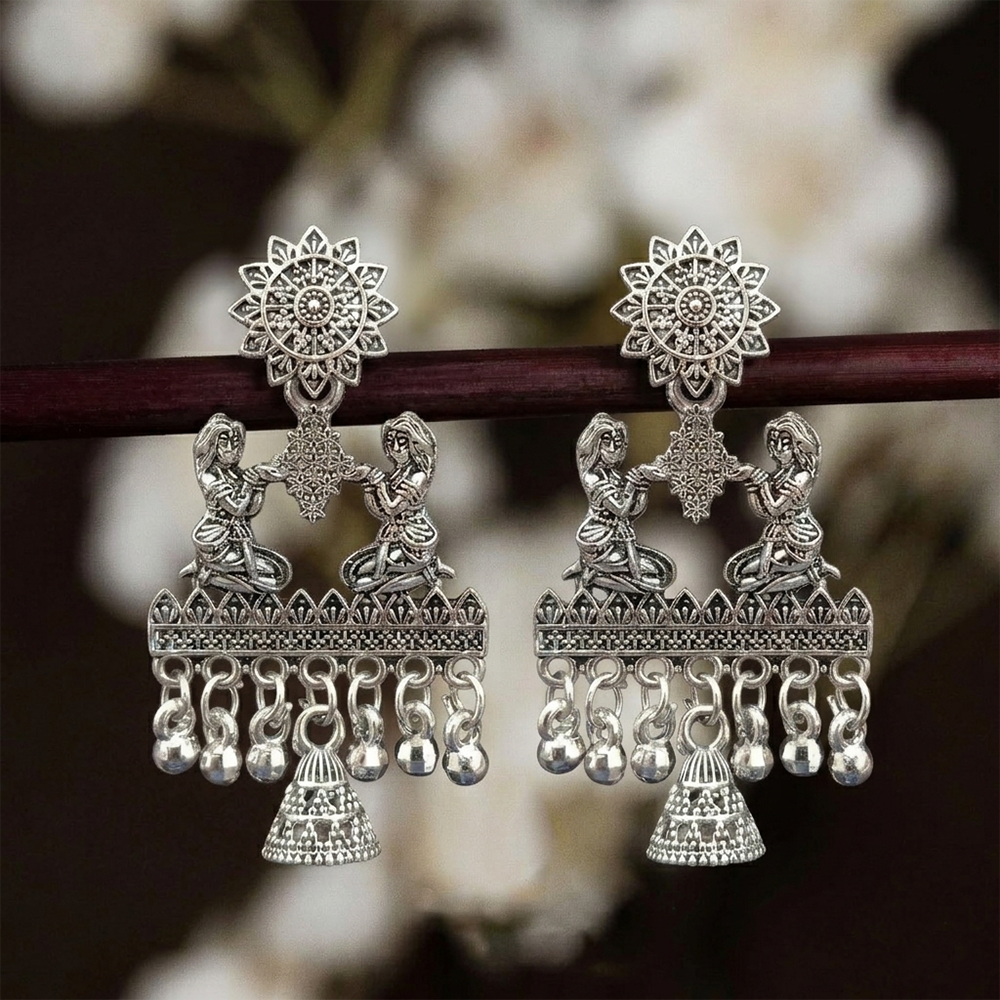 JewelMaze Oxidised Plated Pearl Jhumki Earrings