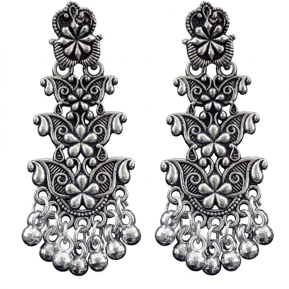 JewelMaze Boho Style Pearl Oxidised Hanging Earrings