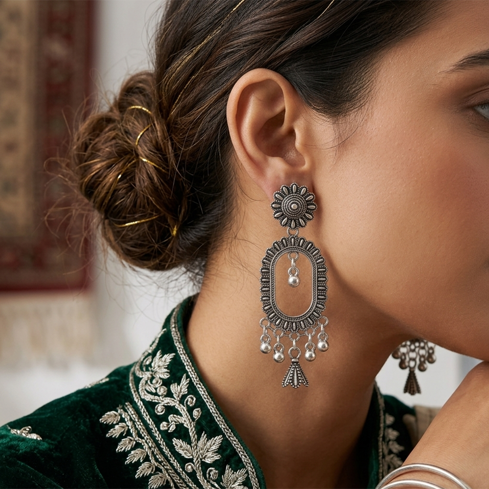 JewelMaze Oxidised Plated Pearl Jhumki Earrings