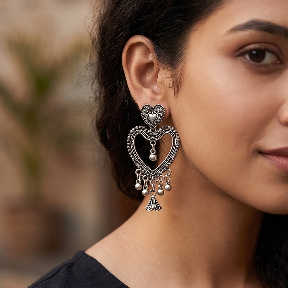JewelMaze Oxidised Plated Pearl Heart Shape Jhumki Earrings