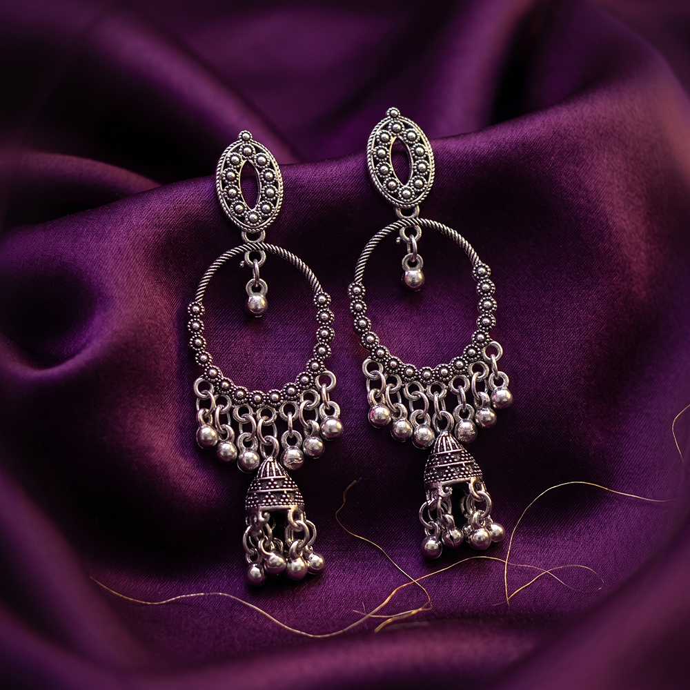 JewelMaze Oxidised Plated Pearl Jhumki Earrings