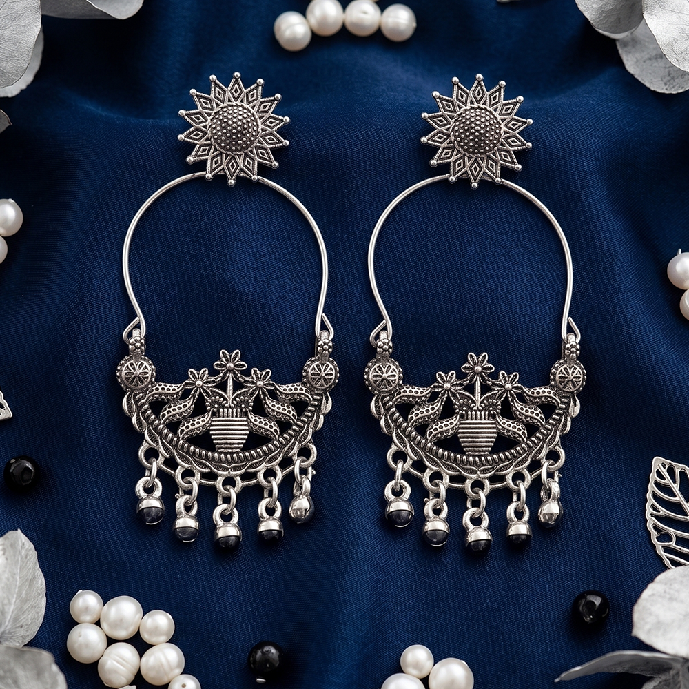 JewelMaze Oxidised Plated Pearl Dangler Earrings