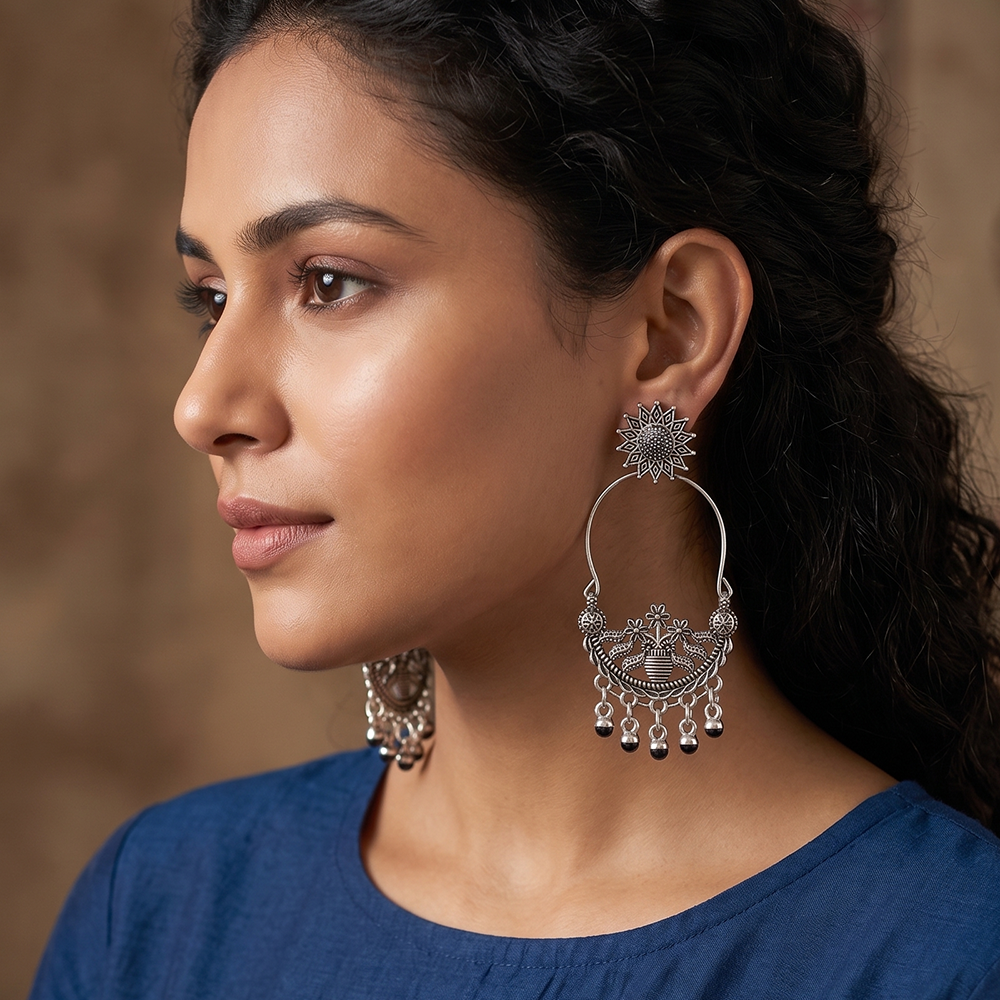 JewelMaze Oxidised Plated Pearl Dangler Earrings