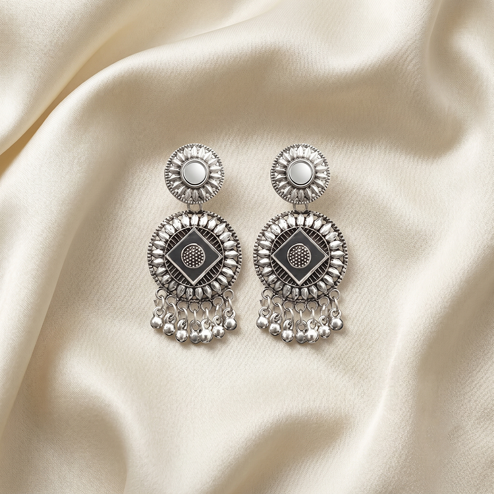 JewelMaze JewelMaze Vintage Oxidised Plated Mirror Work Floral Dangler Earrings
