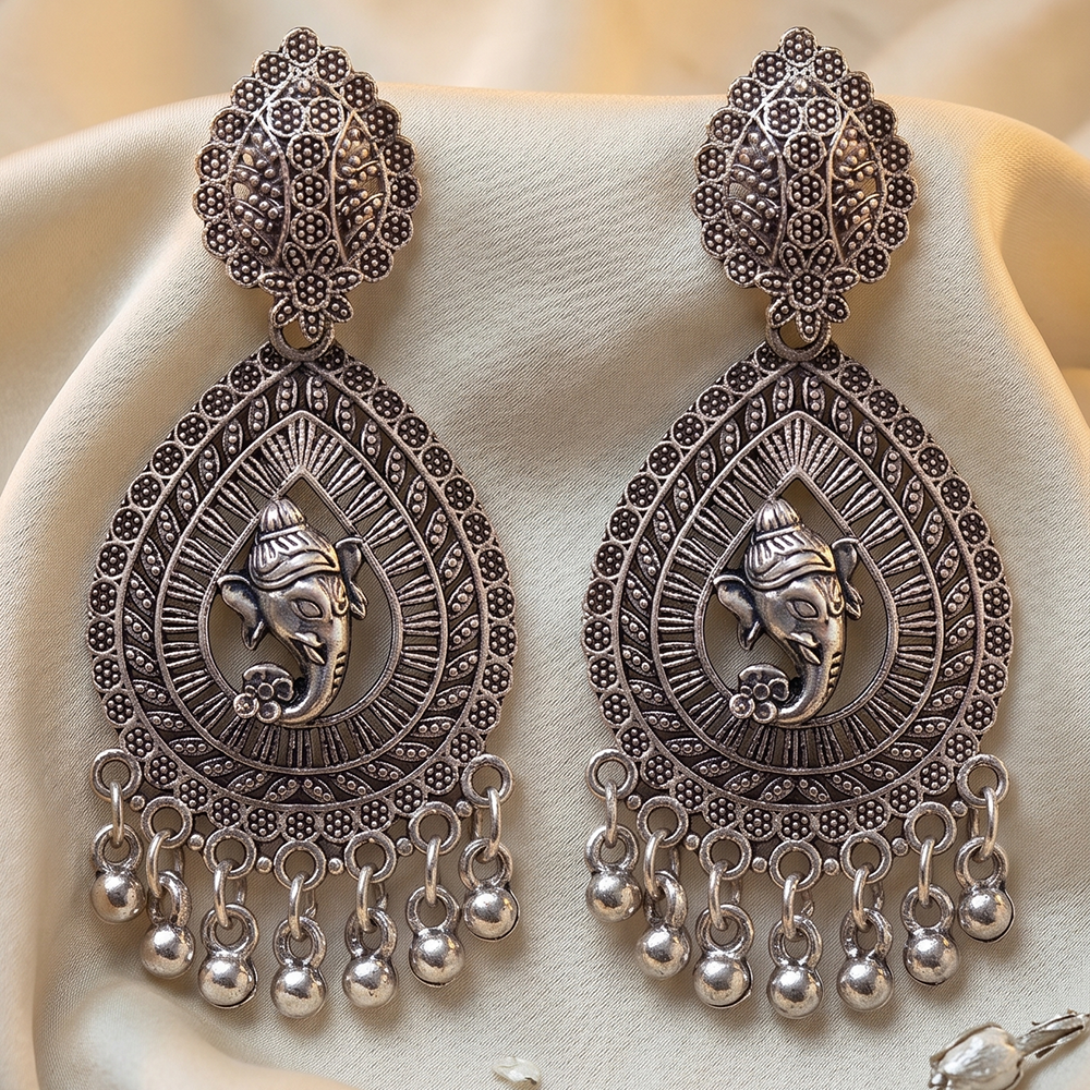 JewelMaze Oxidised Plated Ganesha Lord Pearl Dangler Earrings