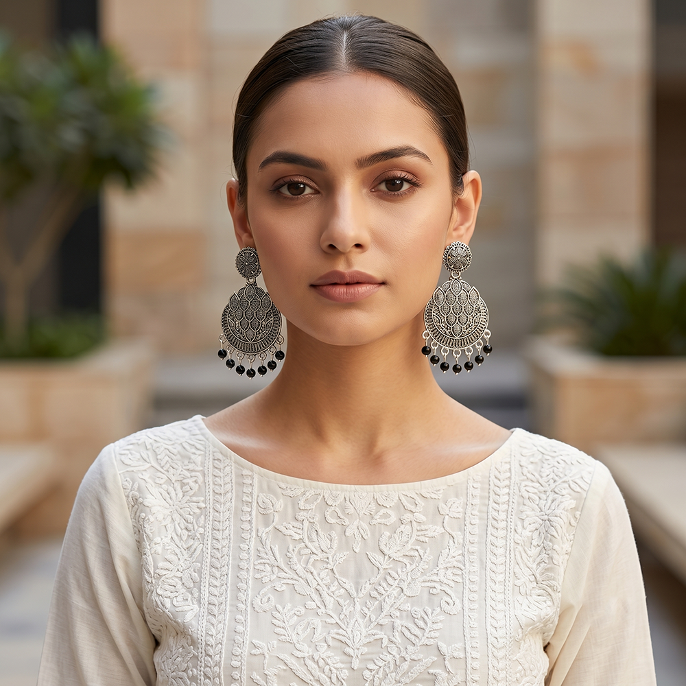 JewelMaze Oxidised Plated Pearl Dangler Earrings