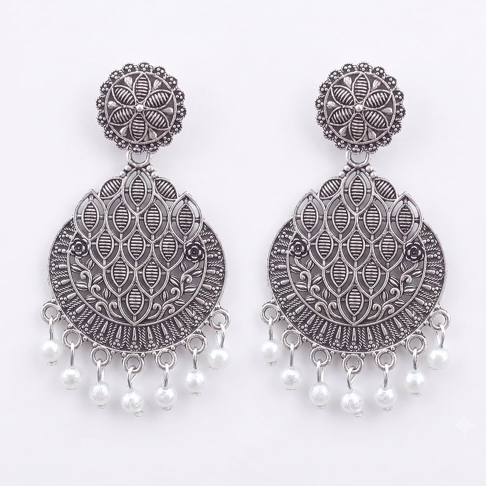 JewelMaze Oxidised Plated Pearl Dangler Earrings
