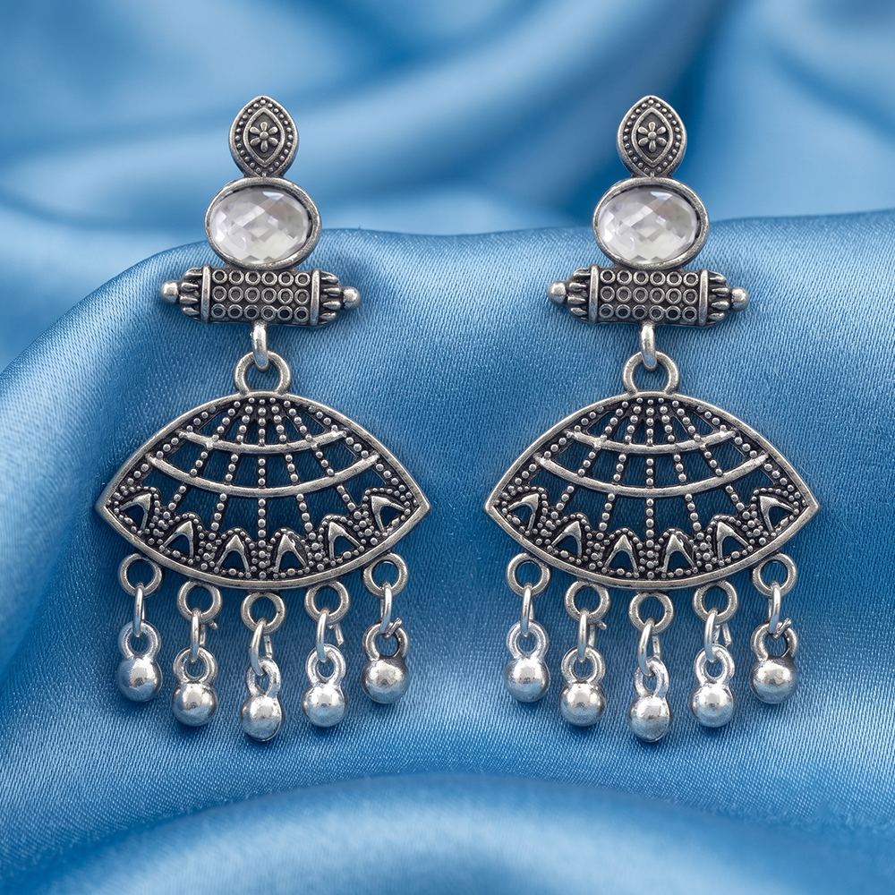 JewelMaze Oxidised Plated Crystal Stone & Pearl Dangler Earrings