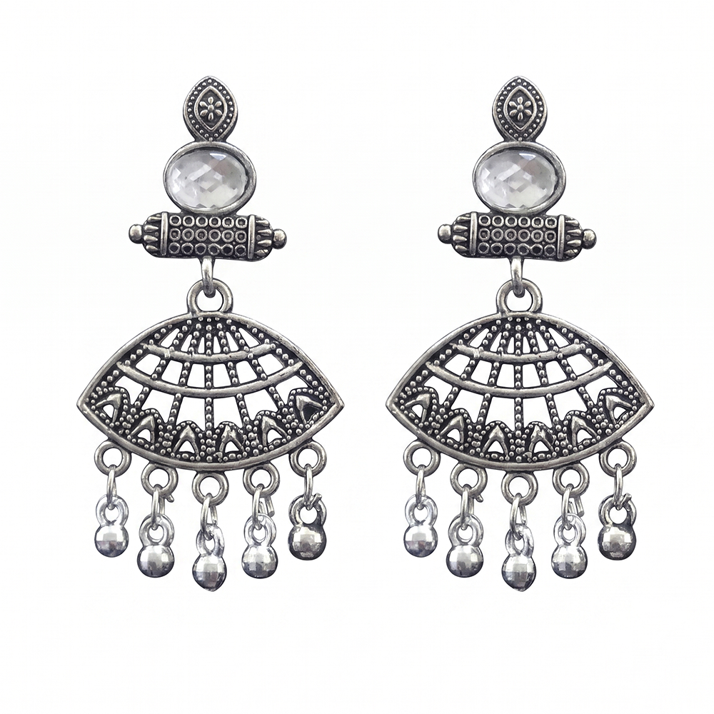 JewelMaze Oxidised Plated Crystal Stone & Pearl Dangler Earrings